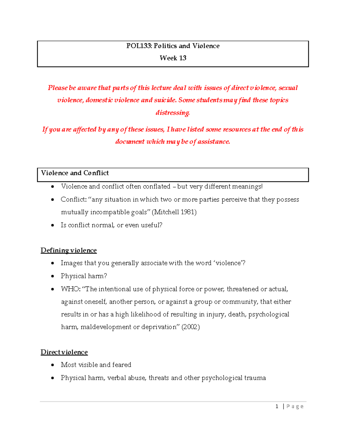 Week Twelve Politics Power and Violence lecture notes for students ...