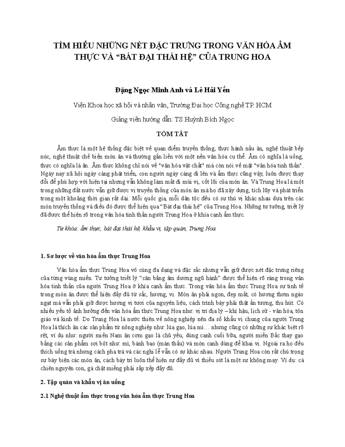 7. TÌM HIỂU NHỮNG NÉT ĐẶC TRƯNG Trong VĂN HÓA ẨM THỰC VÀ BÁT ĐẠI THÁI HỆ CỦA - Studocu