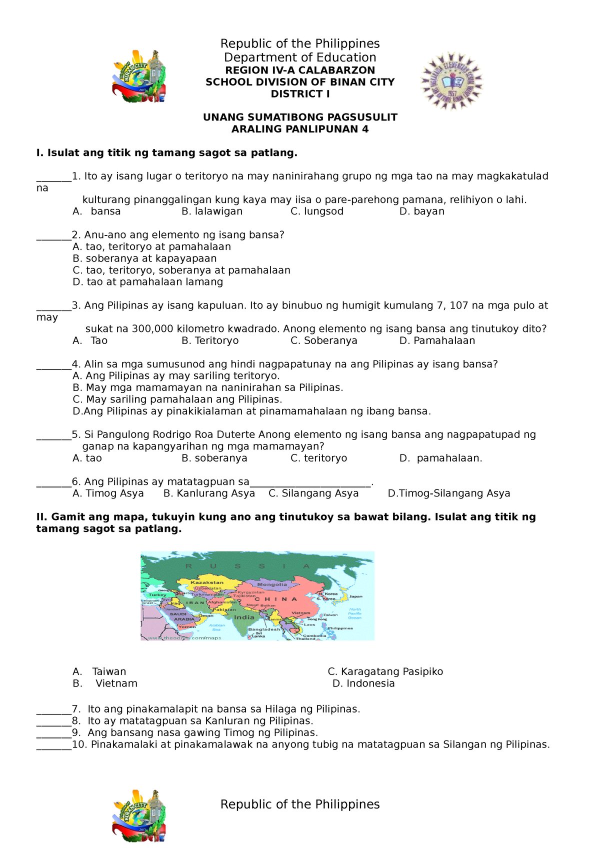 Summative TEST IN AP - J4f - Republic Of The Philippines Department Of ...