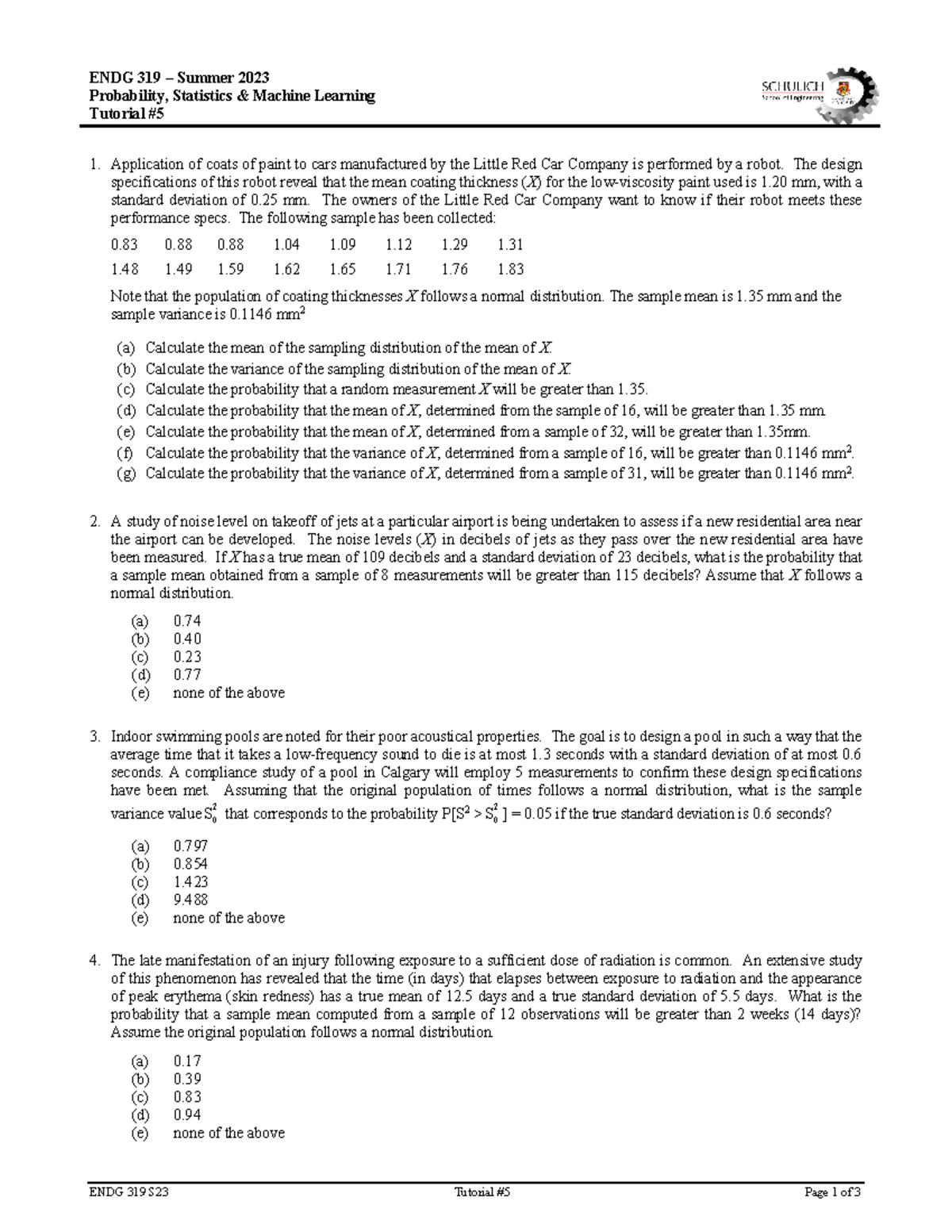 ENDG 319 S23 Tutorial 05 - ENDG 319 S23 Tutorial #5 Page 1 of 3 ENDG ...