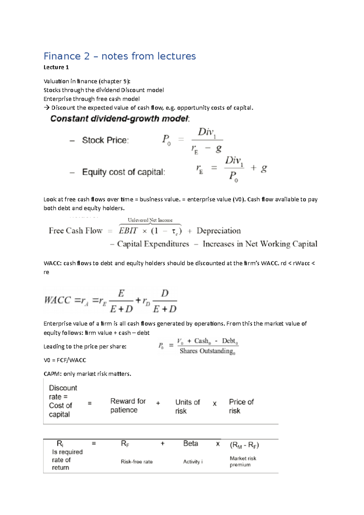Finance 2 notes from lecture - Finance 2 – notes from lectures Lecture ...