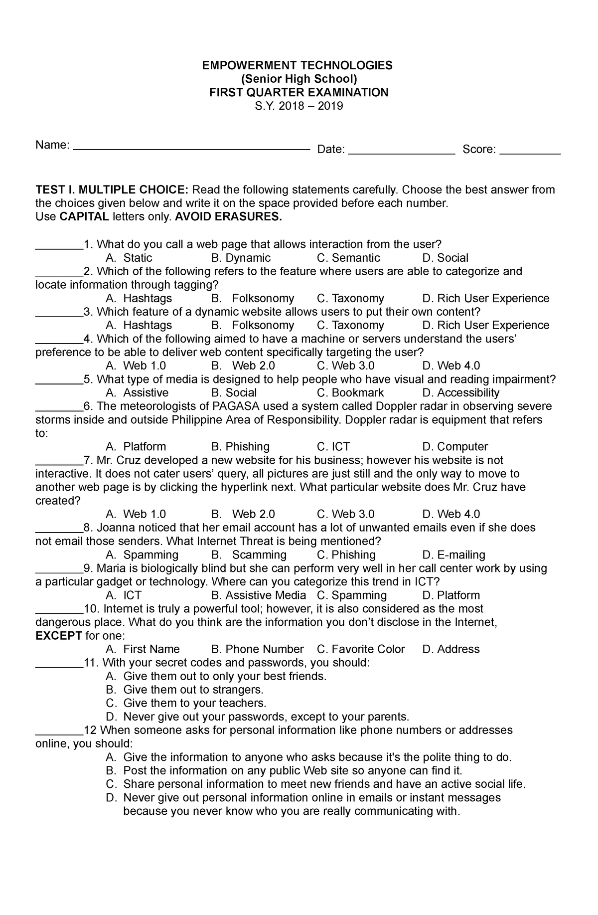 Empowerment technology 1st quarter exam - EMPOWERMENT TECHNOLOGIES ...