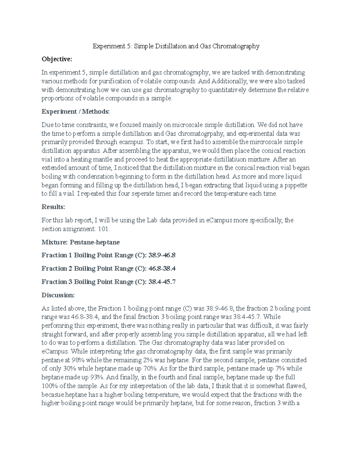 CHEM 237 Experiment 5 Lab report Experiment 5 Simple Distillation