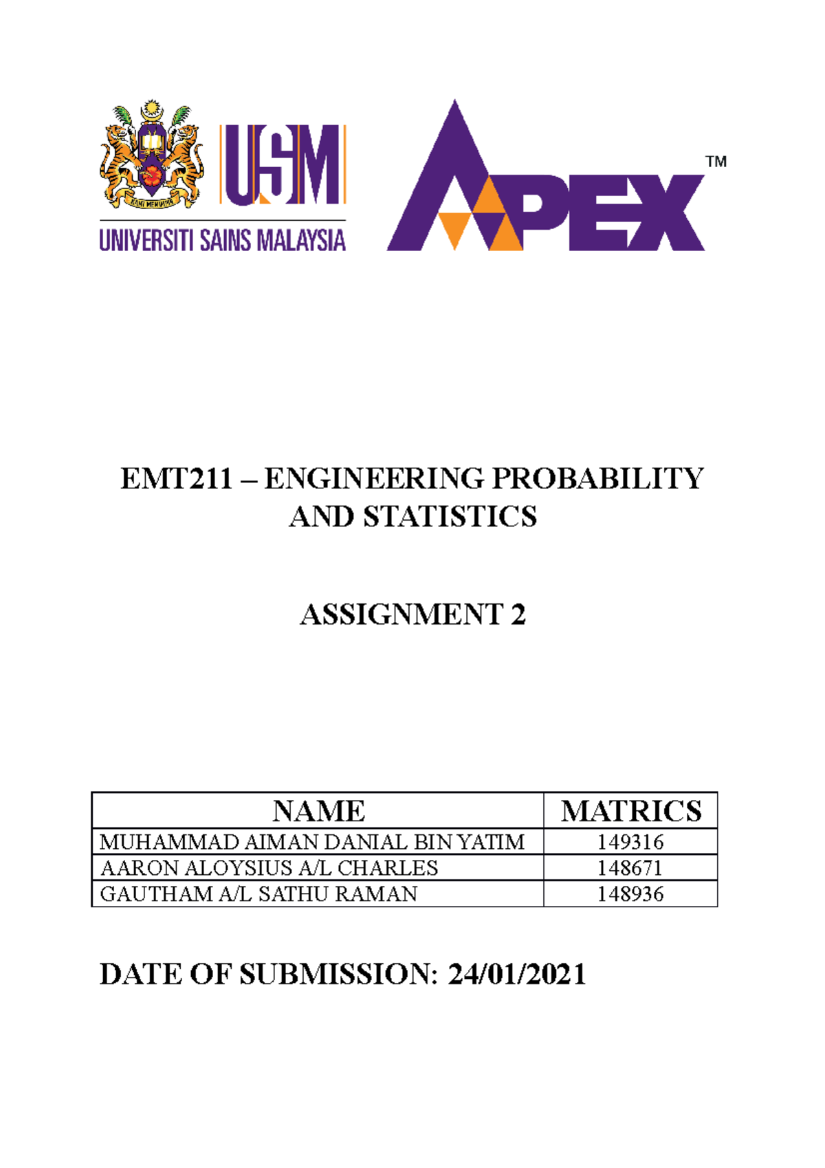 EMT Assignment 2 - EMT211 – ENGINEERING PROBABILITY AND STATISTICS ...