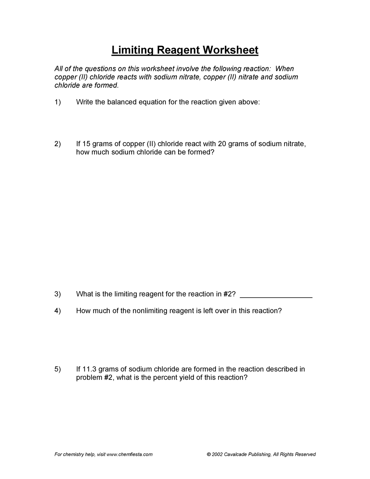 Limiting reagent worksheet - For chemistry help, visit chemfiesta Intended For Limiting Reactant Worksheet Answers