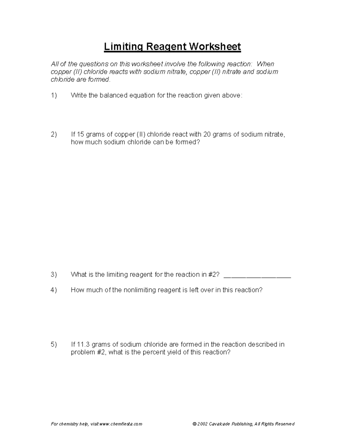 Limiting reagent worksheet - For chemistry help, visit chemfiesta Pertaining To Limiting Reactant Worksheet Answers