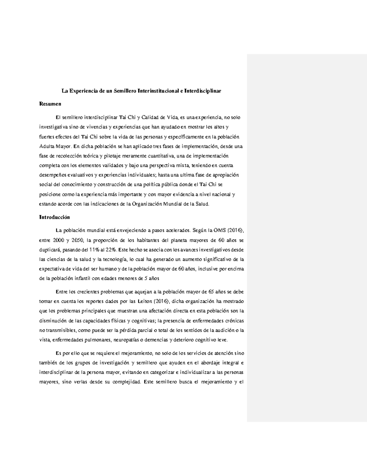 Semillero Interdisciplinar Tai Chi y Calidad de Vida - En dicha ...