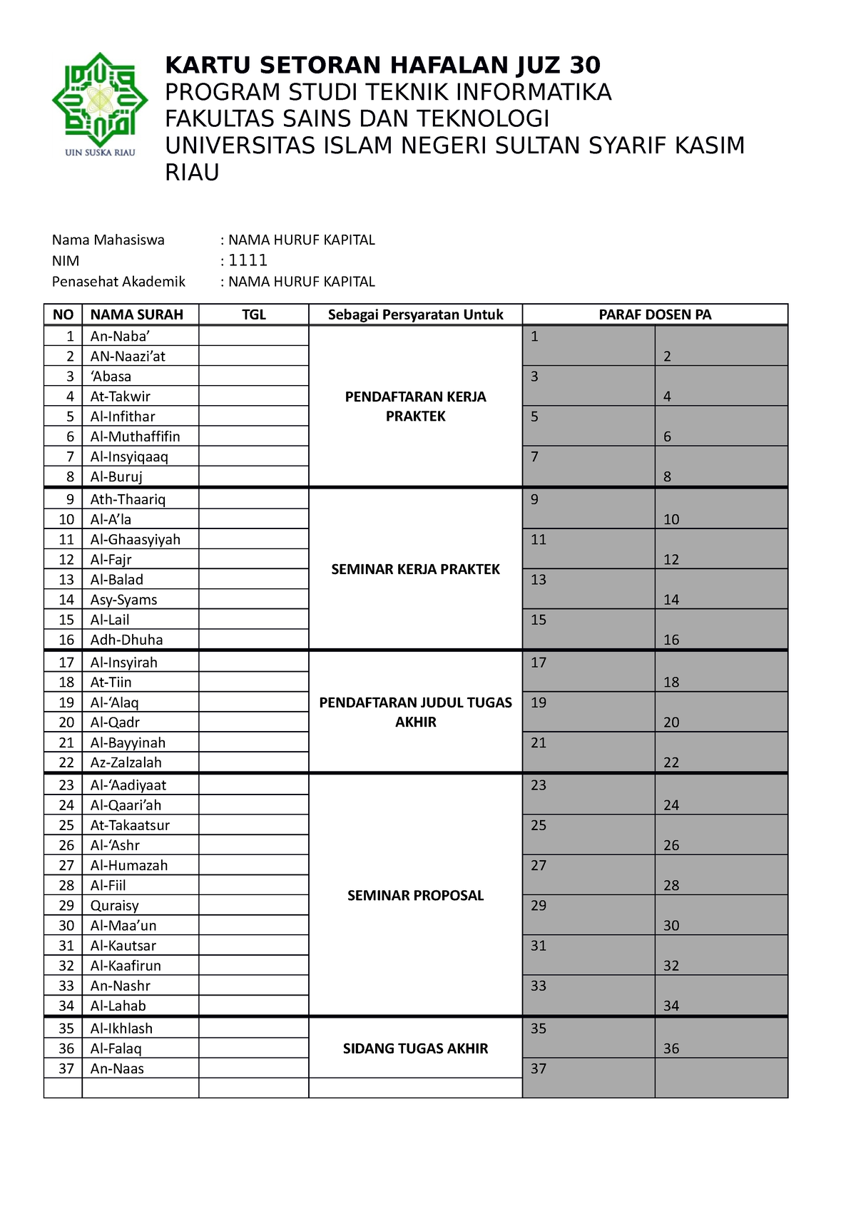 Form Hafalan Nim Nama Lengkap Kartu Setoran Hafalan Juz Program Studi Teknik Informatika