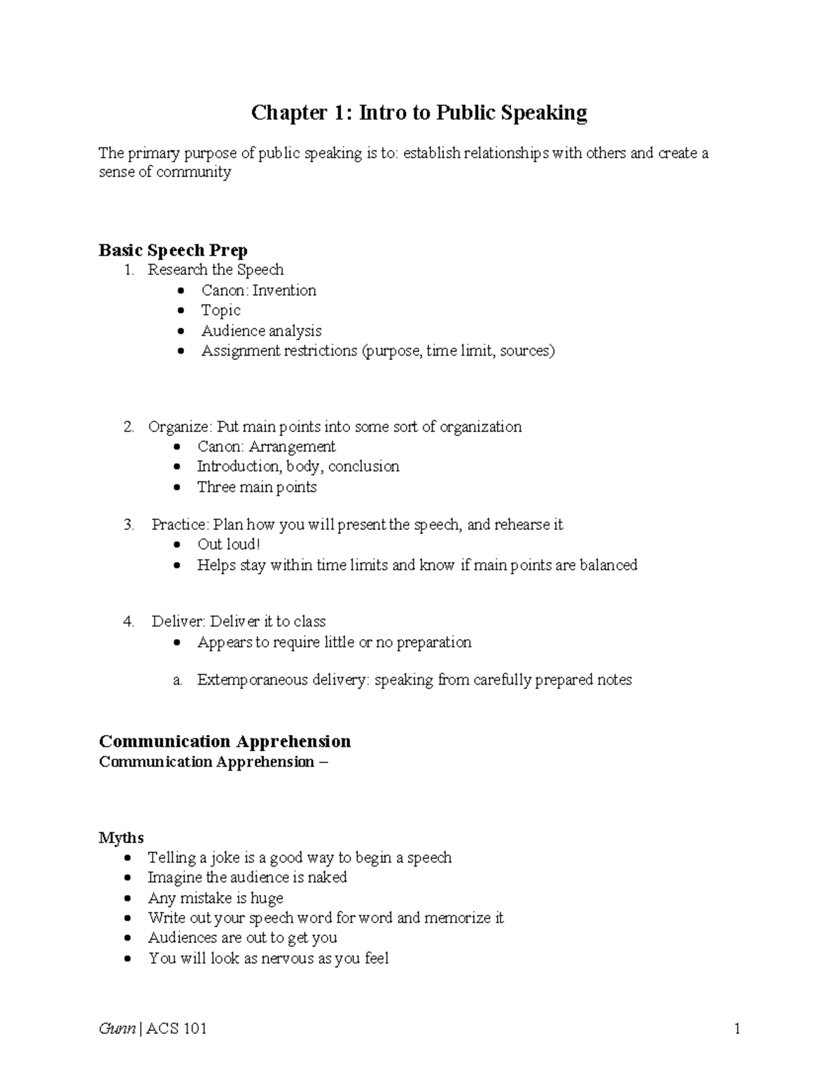 Public Speaking Ch. 1 - Lecture notes of Dr. Jocelyn DeGroot Brown from ...