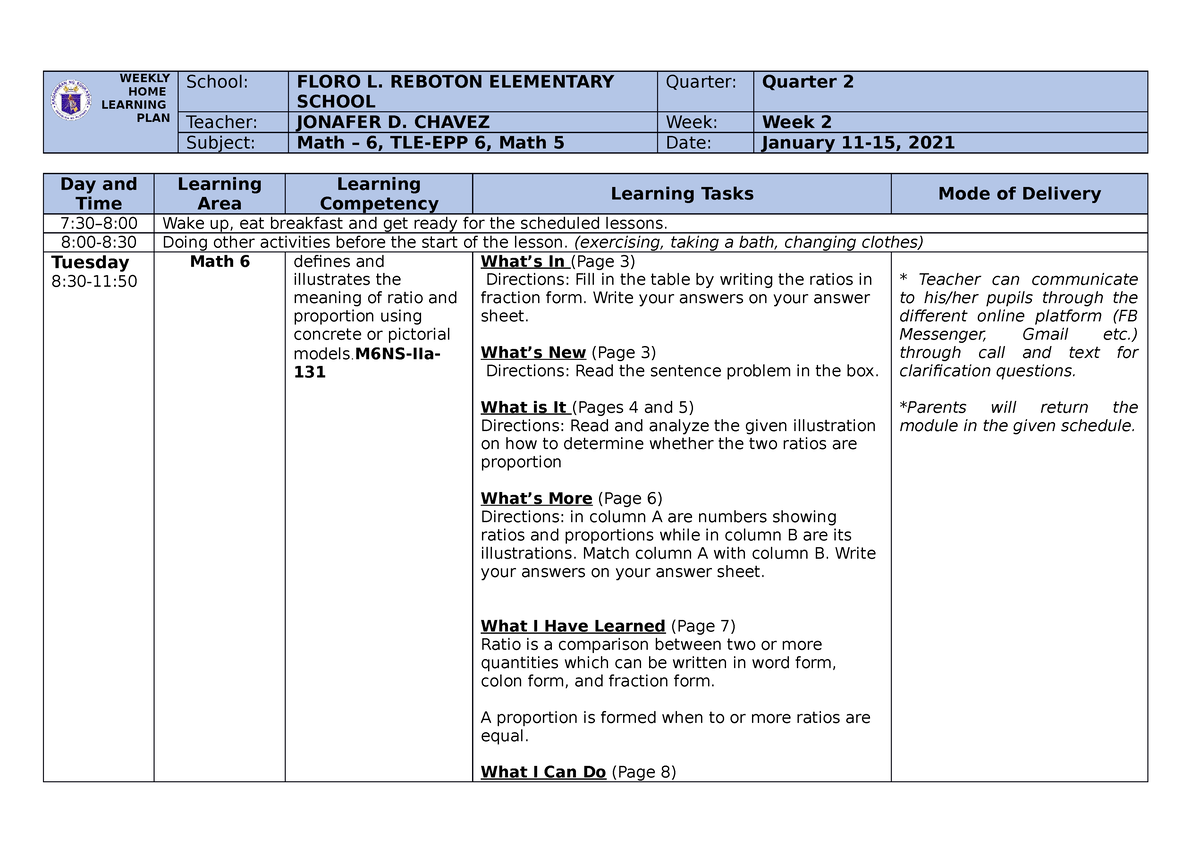 WHLP Quarter 2 WEEK 2 - EDUCATION - WEEKLY HOME LEARNING PLAN School ...