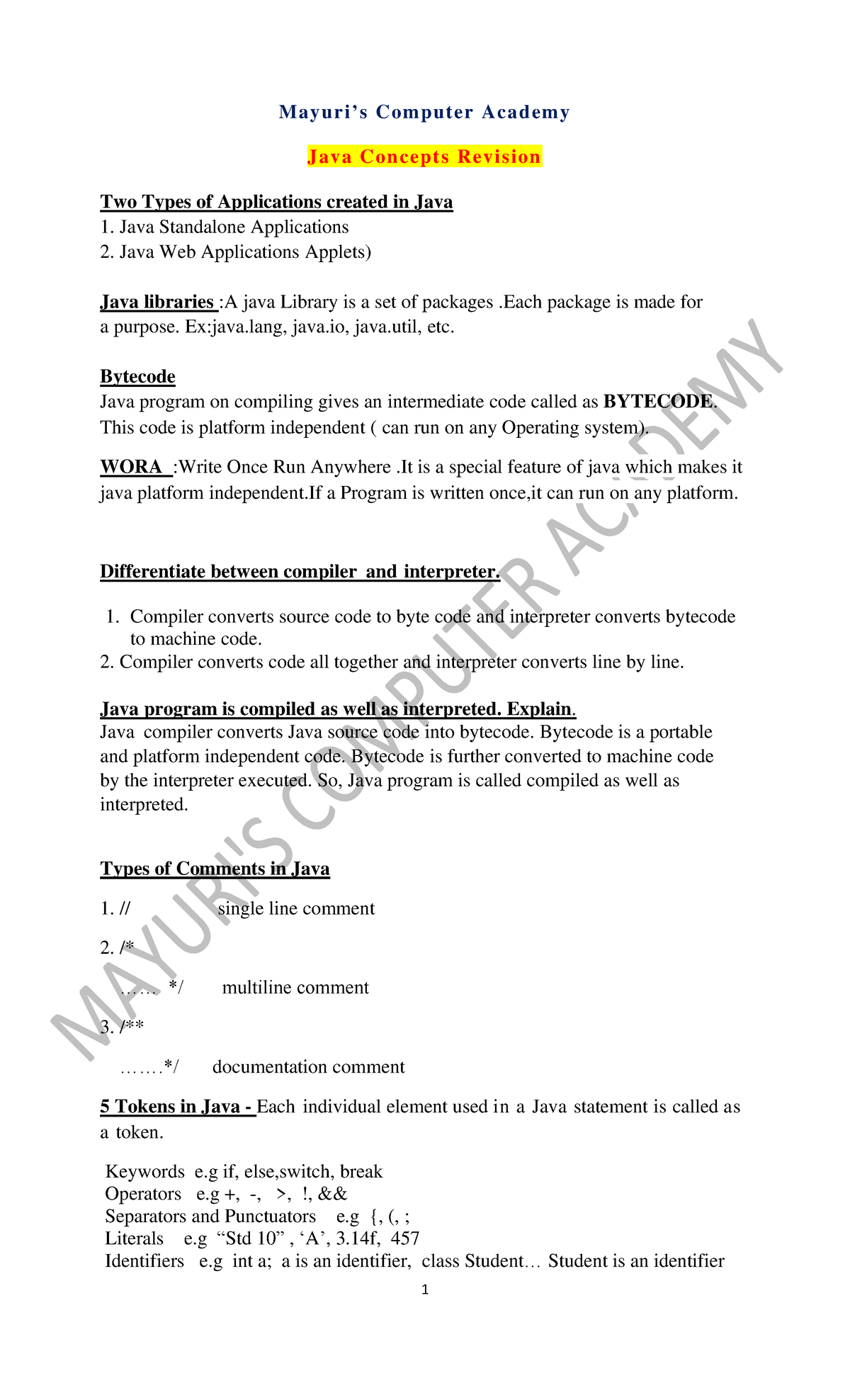Java Concepts - Practice for midterms - 1 Mayuri’s Computer Academy ...