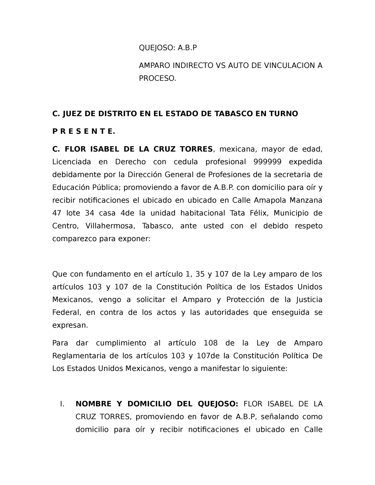 Amparo Vinculacion - QUEJOSO: A.B AMPARO INDIRECTO VS AUTO DE ...