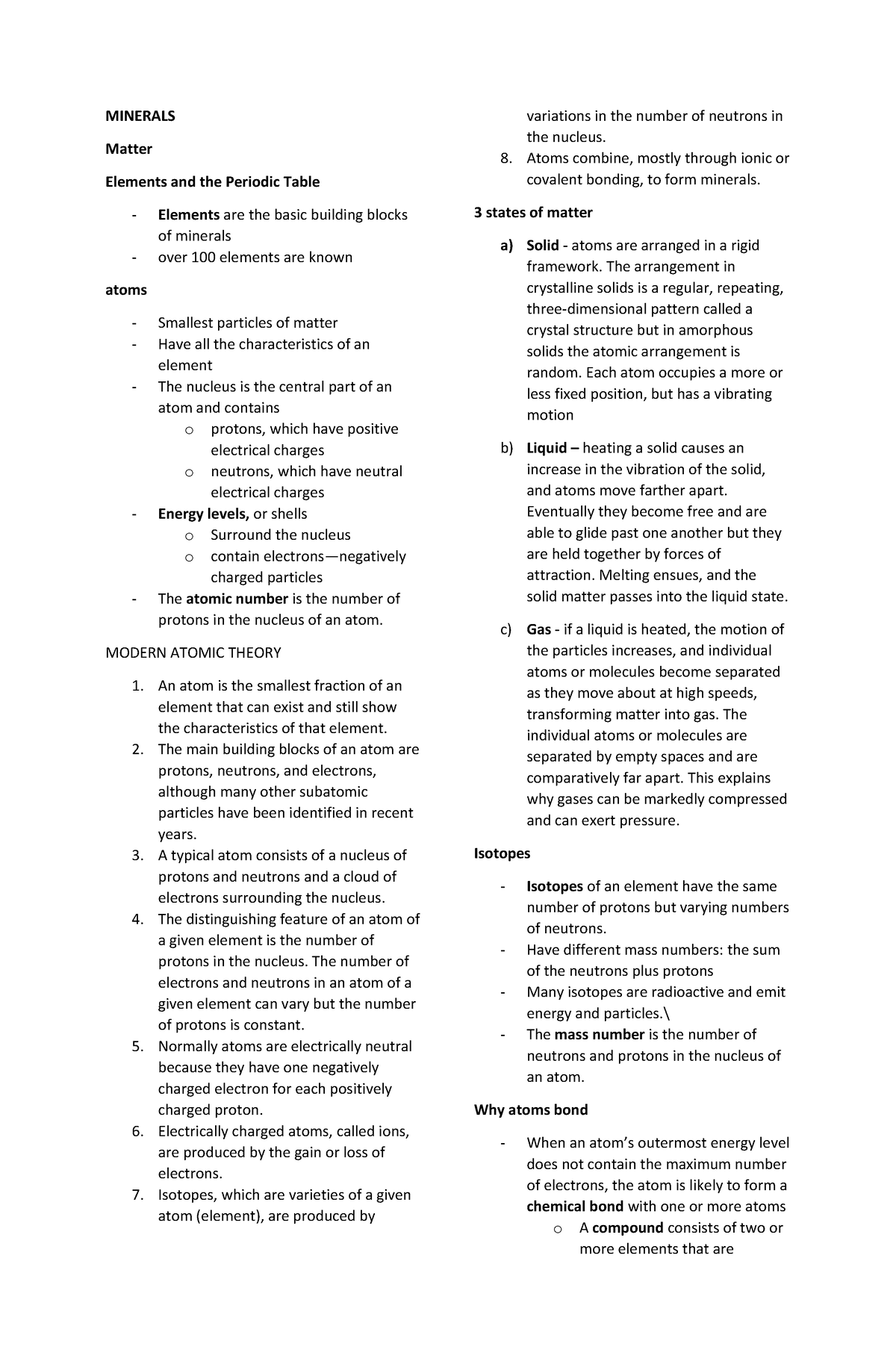 Minerals - MINERALS Matter Elements and the Periodic Table Elements are ...