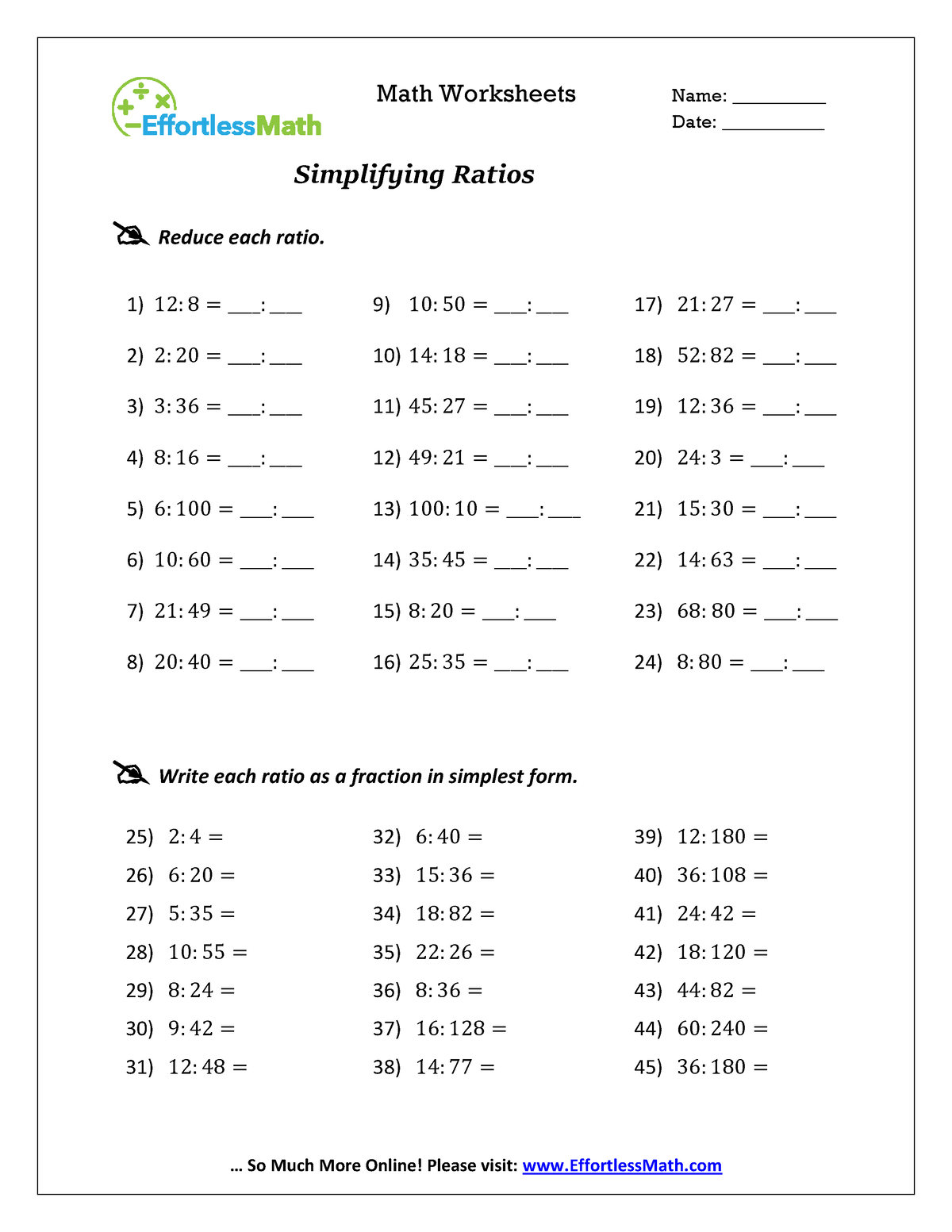 Simplifying Ratios For Noobs And More Math Worksheets Name 