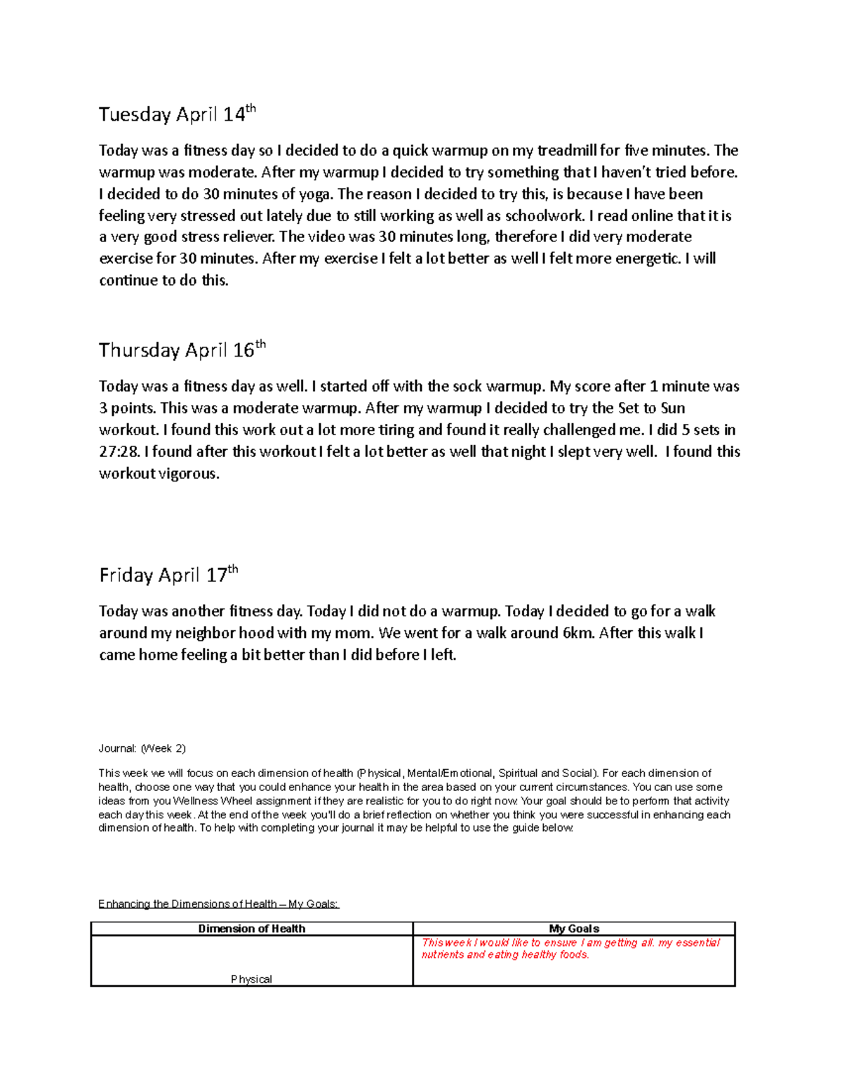 Week 2 journal - Mr. Beckhams Fitness Class - Tuesday April 14 th Today ...