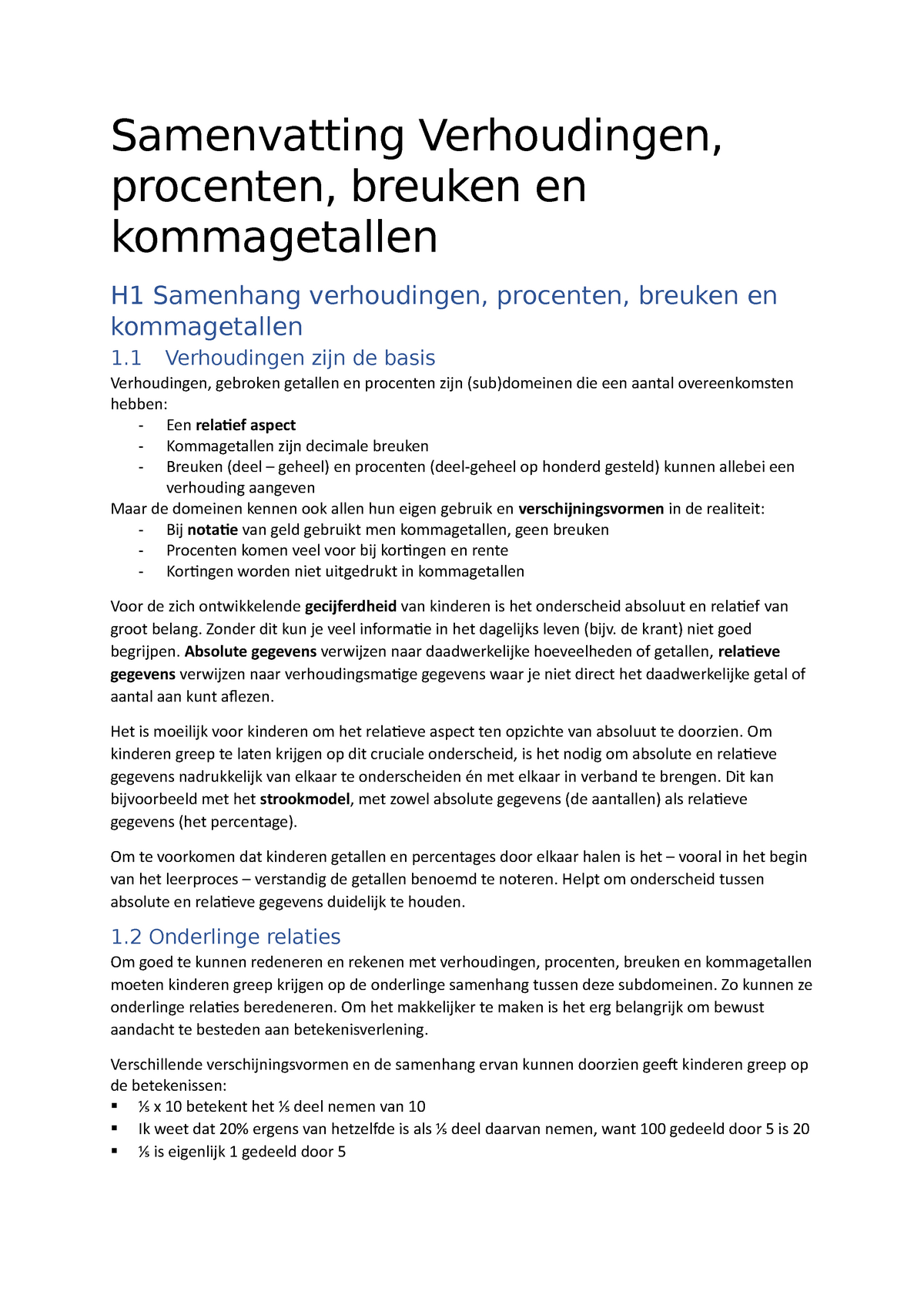 Samenvatting Verhoudingen Procenten Breuken En Kommagetallen Samenvatting Verhoudingen