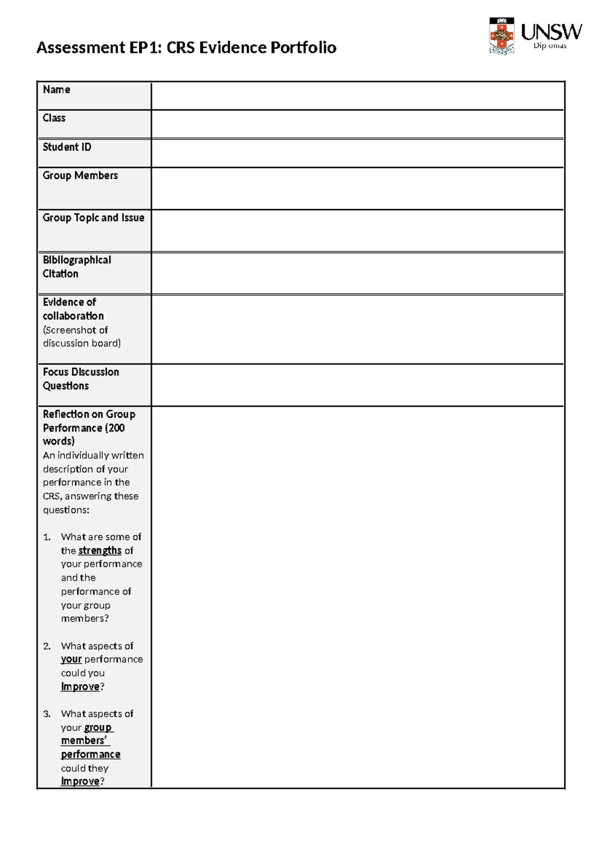 EP1 Evidence Portfolio Template - Assessment EP1: CRS Evidence ...