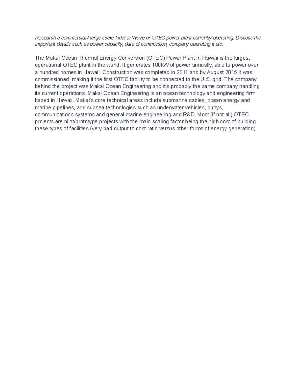Assignment 4.4. Tidal, Wave and OTEC - Research a commercial / large ...