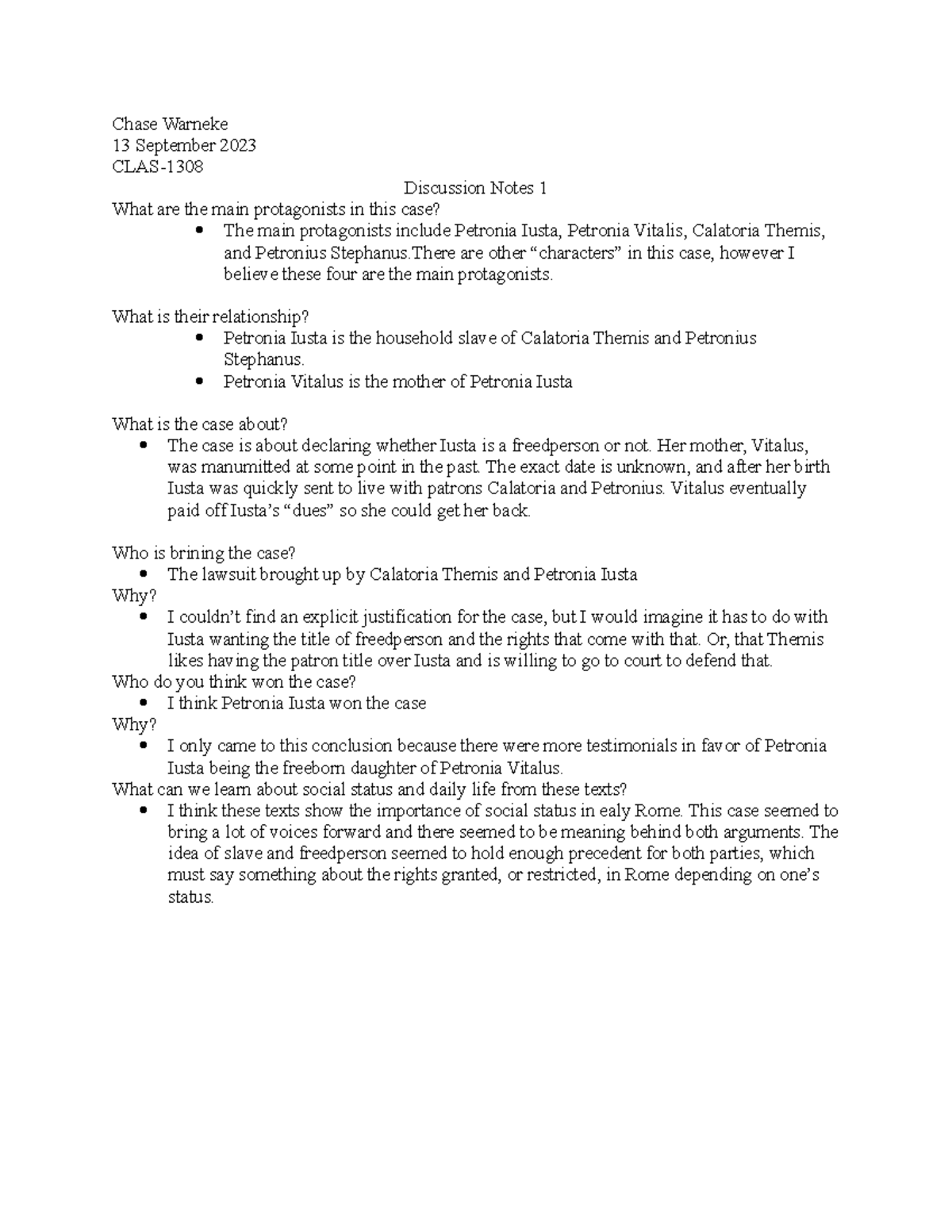 Discussion Notes 1 - Chase Warneke 13 September 2023 CLAS- Discussion ...