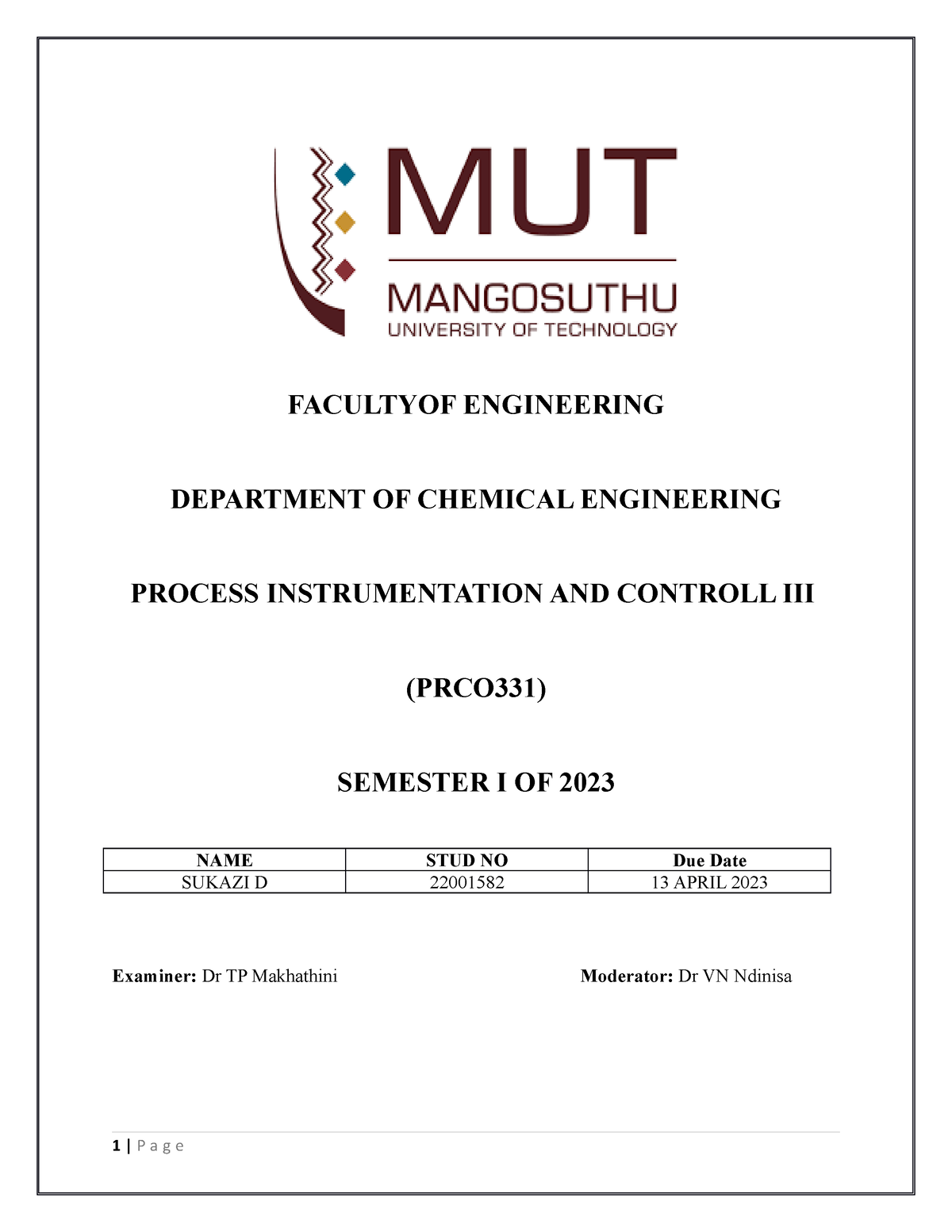 Controll assignment 2 f - FACULTYOF ENGINEERING DEPARTMENT OF CHEMICAL ...