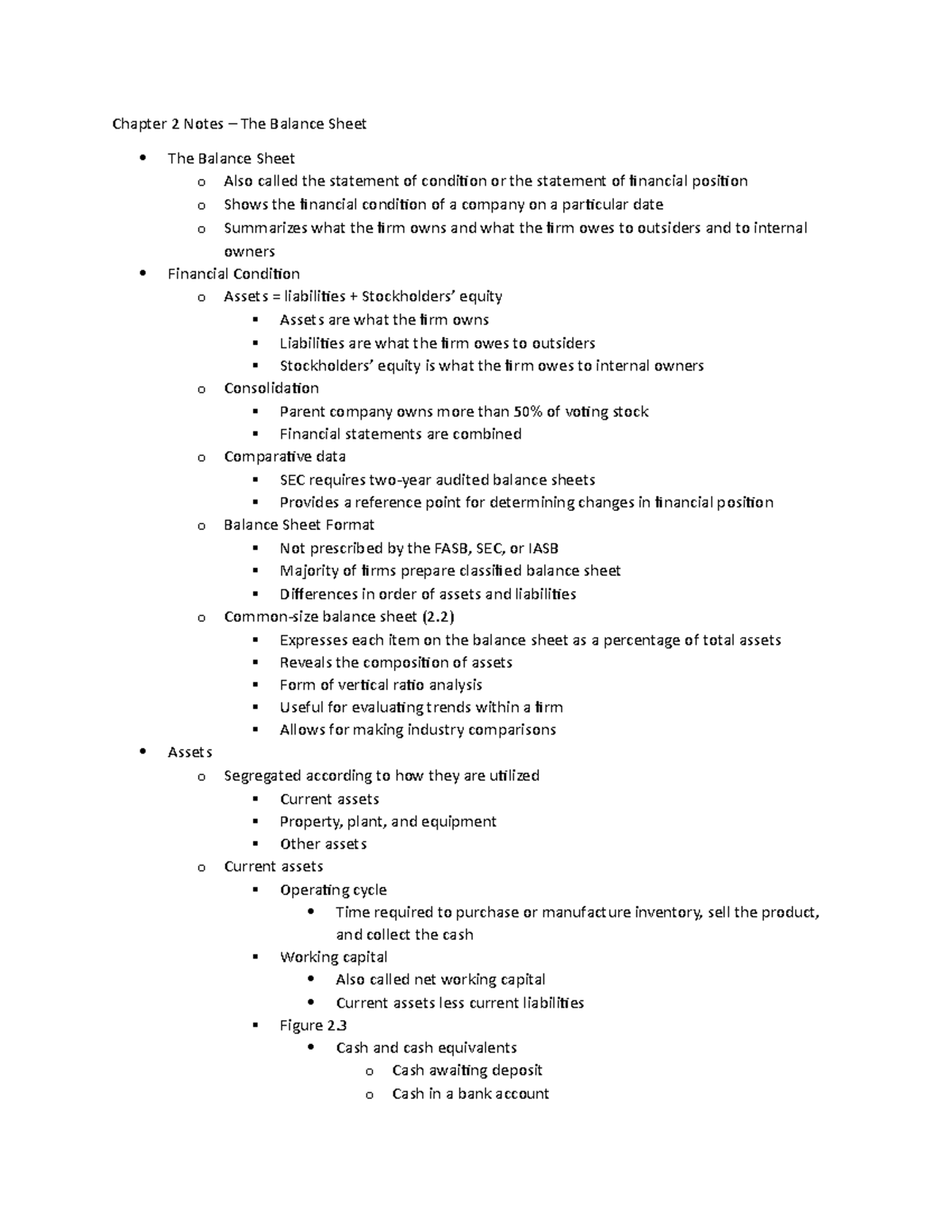 Chapter 2 Notes - Chapter 2 Notes – The Balance Sheet The Balance Sheet ...