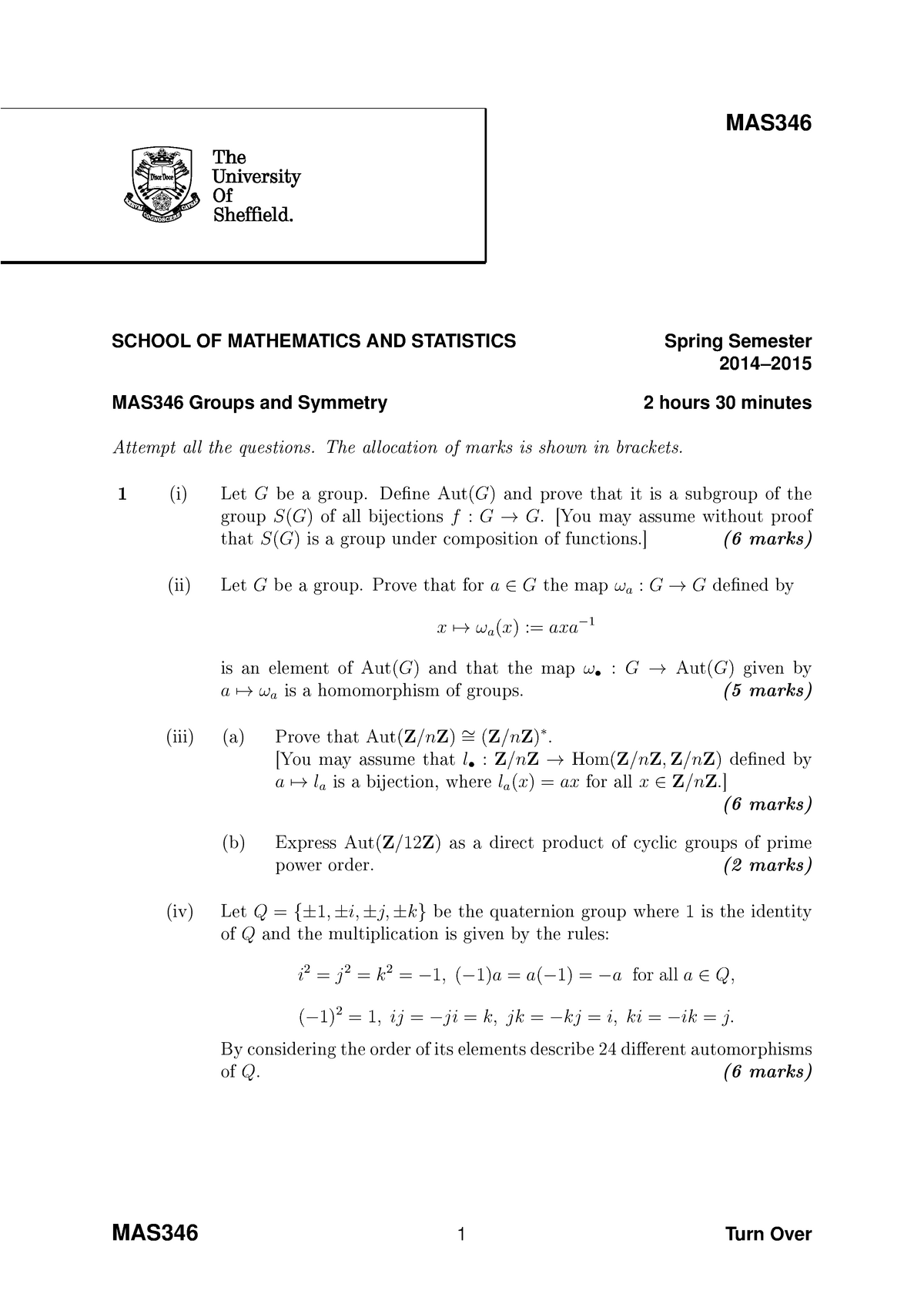 Exam 2015, Questions - MAS SCHOOL OF MATHEMATICS AND STATISTICS Spring ...