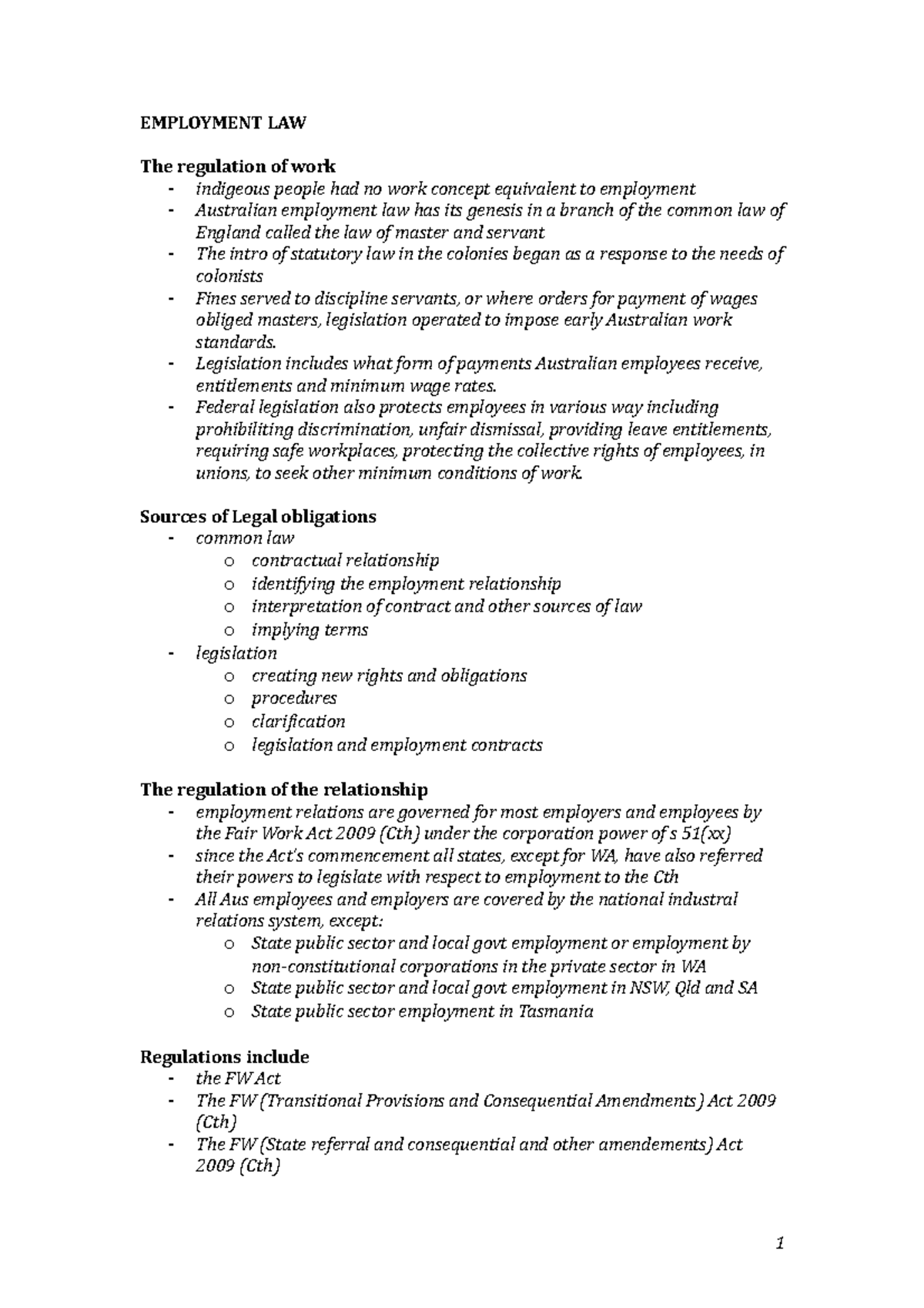Lecture notes - Employment law - EMPLOYMENT LAW The regulation of work ...