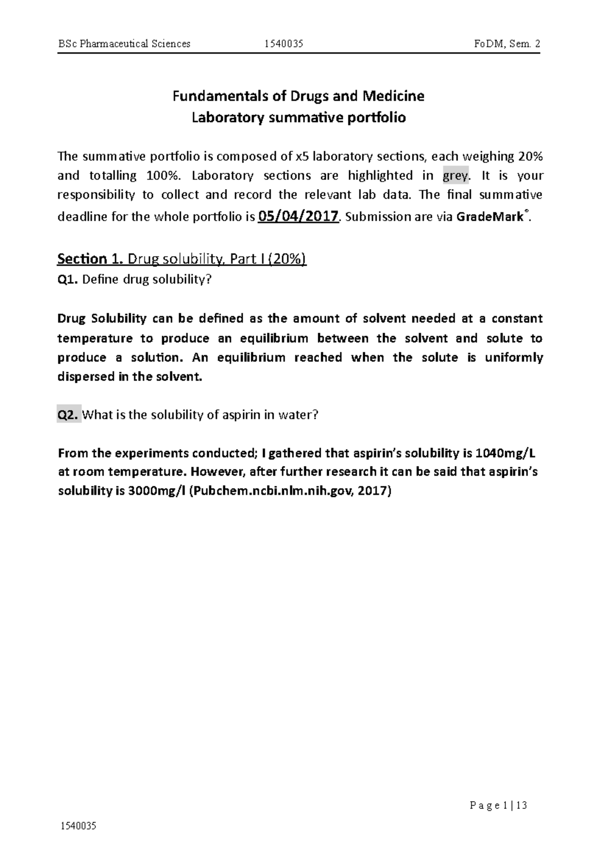 Lab portfolio - essay - Fundamentals of Drugs and Medicine Laboratory ...