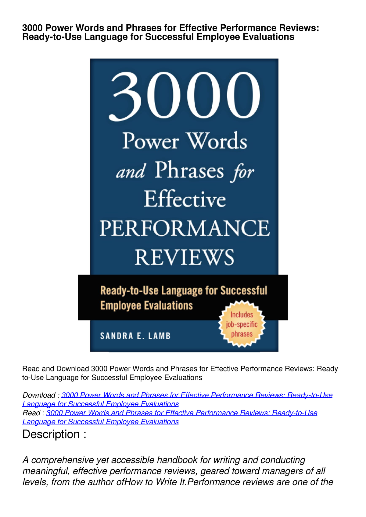 Pdf Read Online 3000 Power Words And Phrases For Effective Performance Reviews Ready To Use 2918