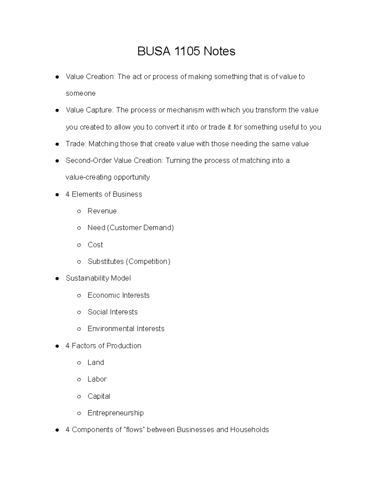 BUSA 1105 Notes - N/A - BUSA 1105 Notes Value Creation: The act or ...