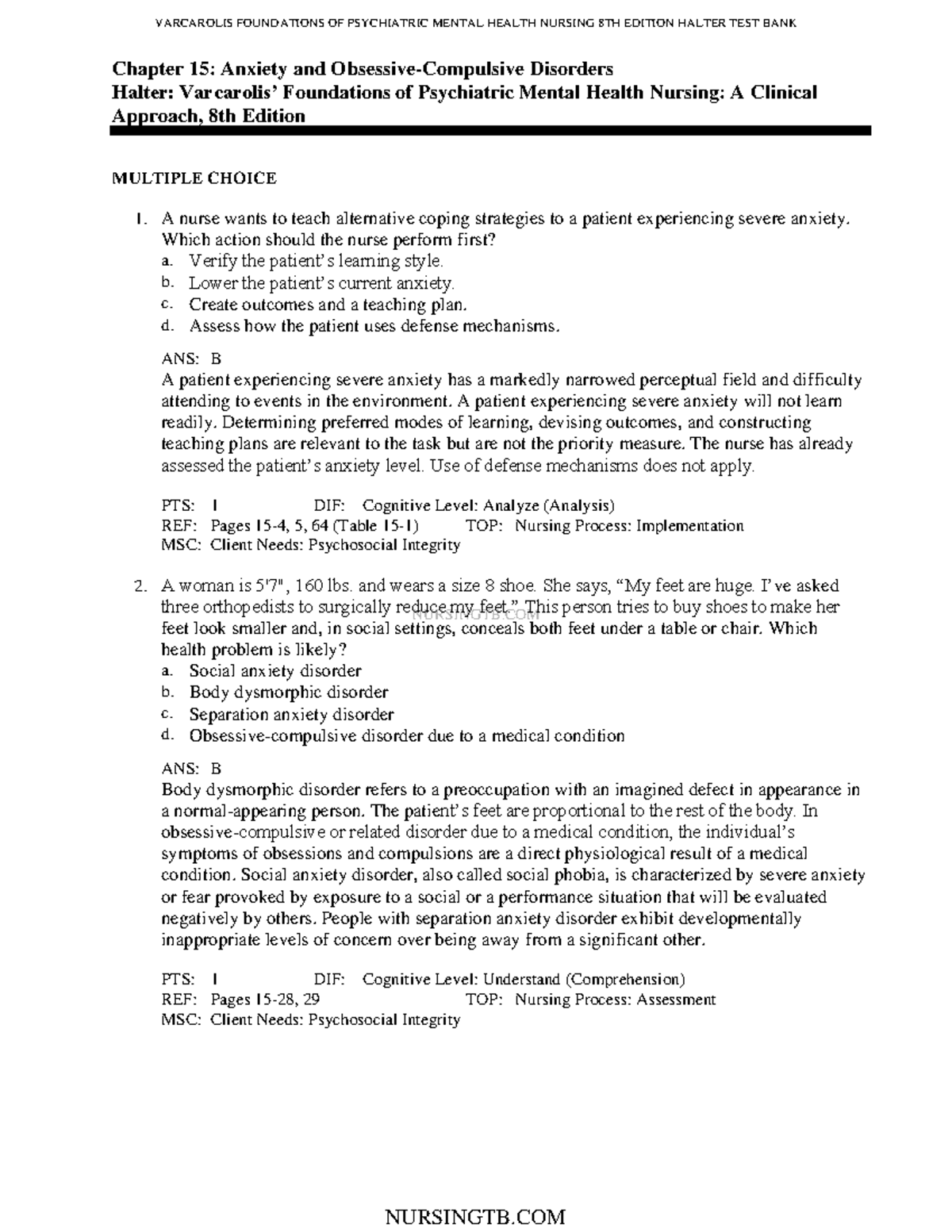 C15 - Test Your Knowledge - NURSINGTB Chapter 15: Anxiety And Obsessive ...