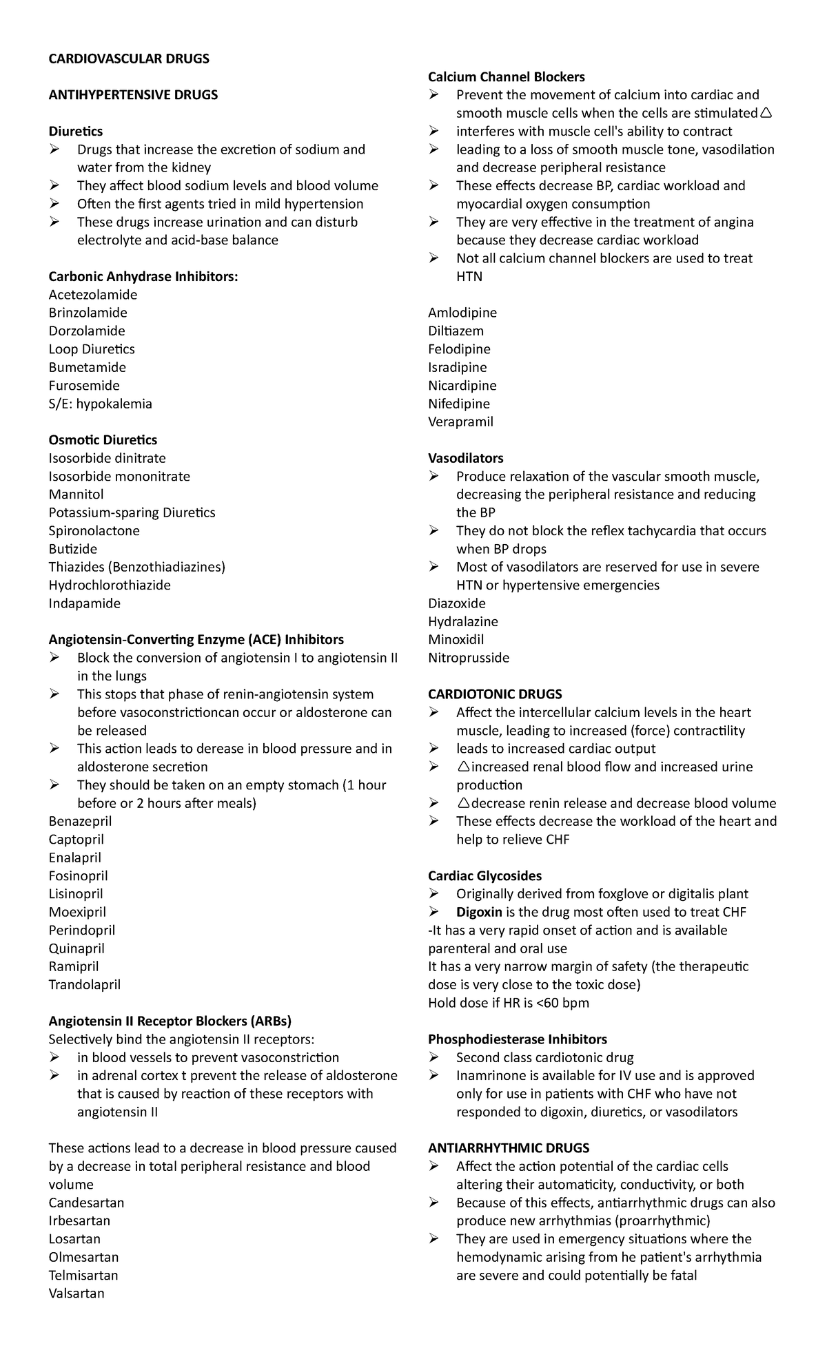 Cardiovascular drugs notes- NCM106 Lecture notes - CARDIOVASCULAR DRUGS ...