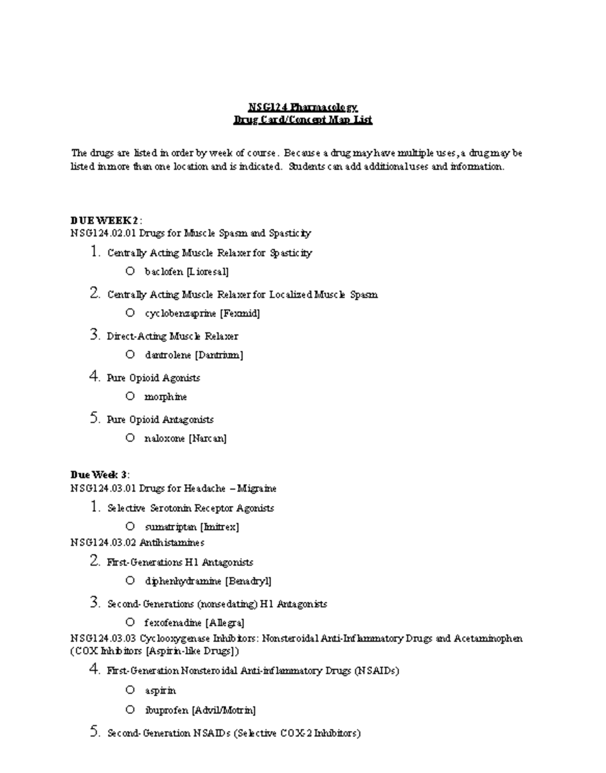 Pharmacology drug list - NSG124 Pharmacology Drug Card/Concept Map List ...