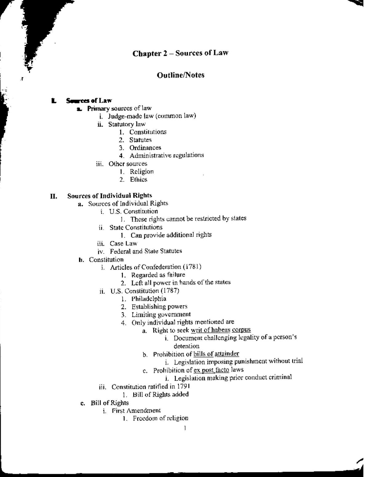 Chapter 2 outline notes - Chapter 2 -— Sources of Law OutlinefNotes 1 ...
