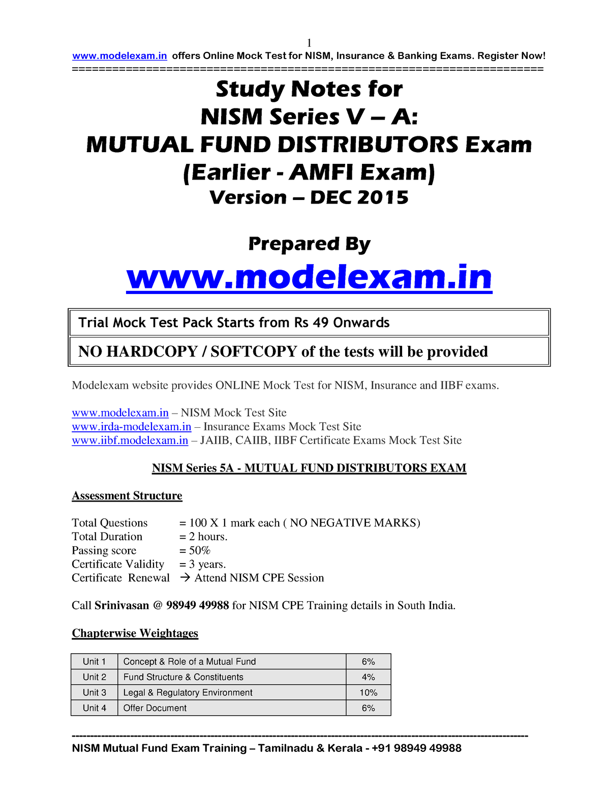 Study Notes For NISM Series V A Mutual F - - Studocu