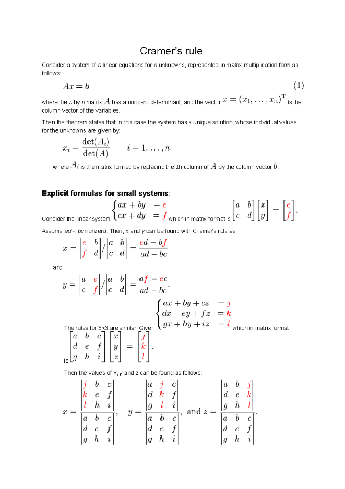Cramer lecture notes Cramer’s rule Consider a system of n linear