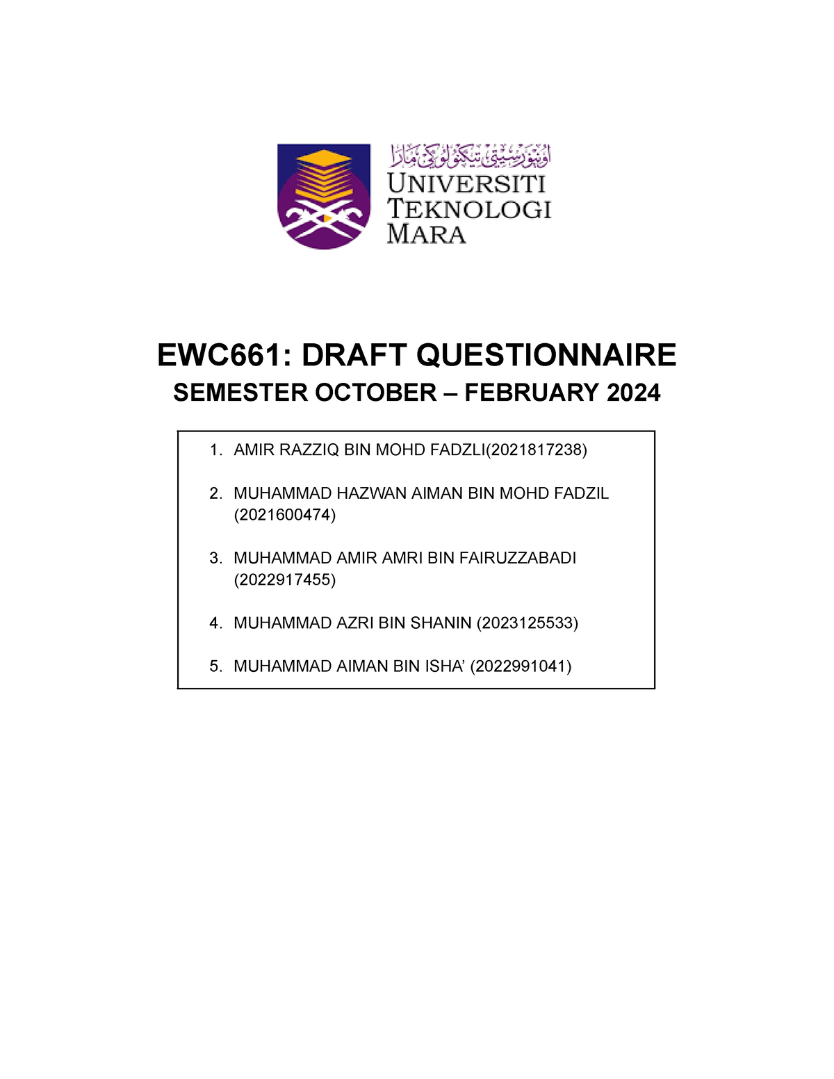 EWC661 Questionnaire - english - EWC661: DRAFT QUESTIONNAIRE SEMESTER ...