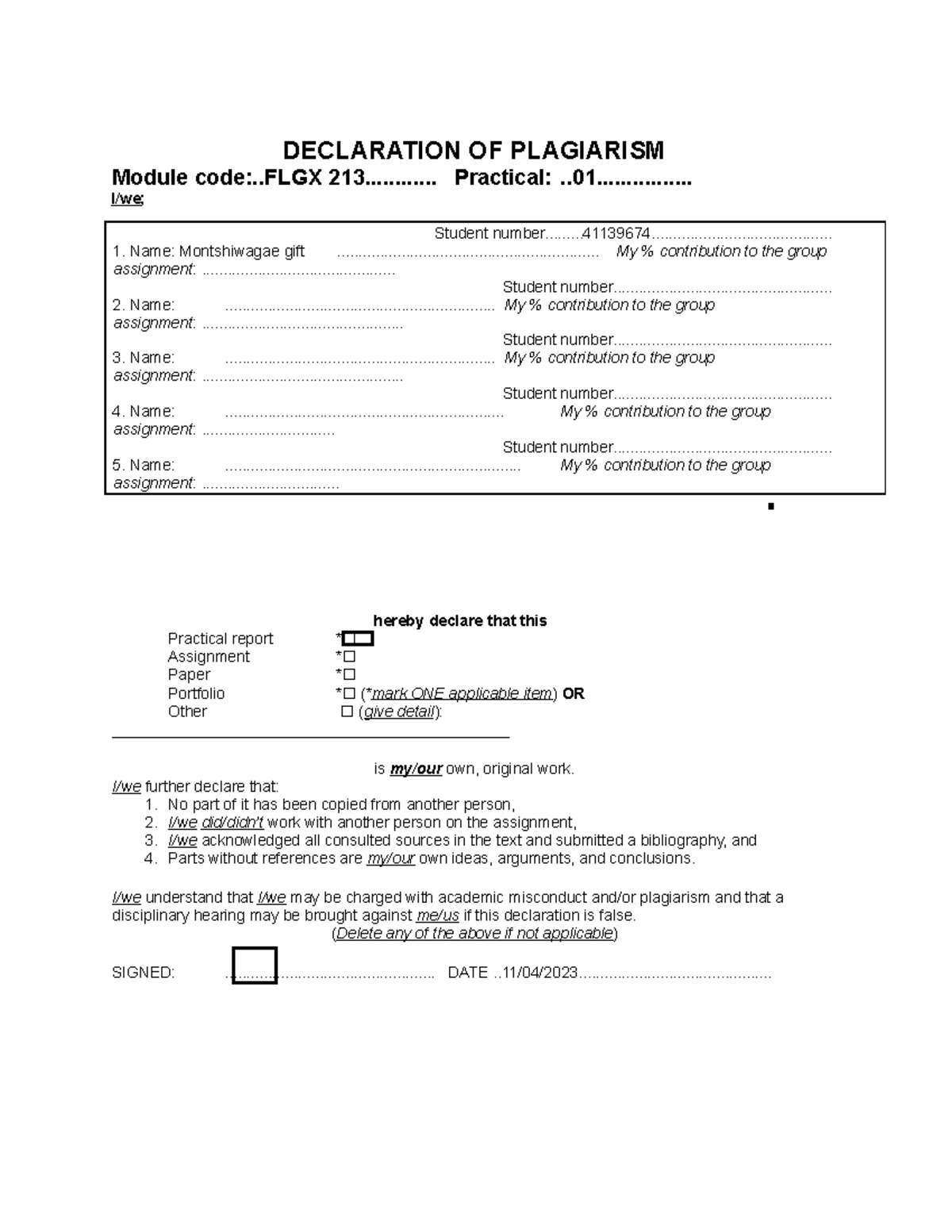 FLGX2113 - documents with memos - DECLARATION OF PLAGIARISM Module code ...