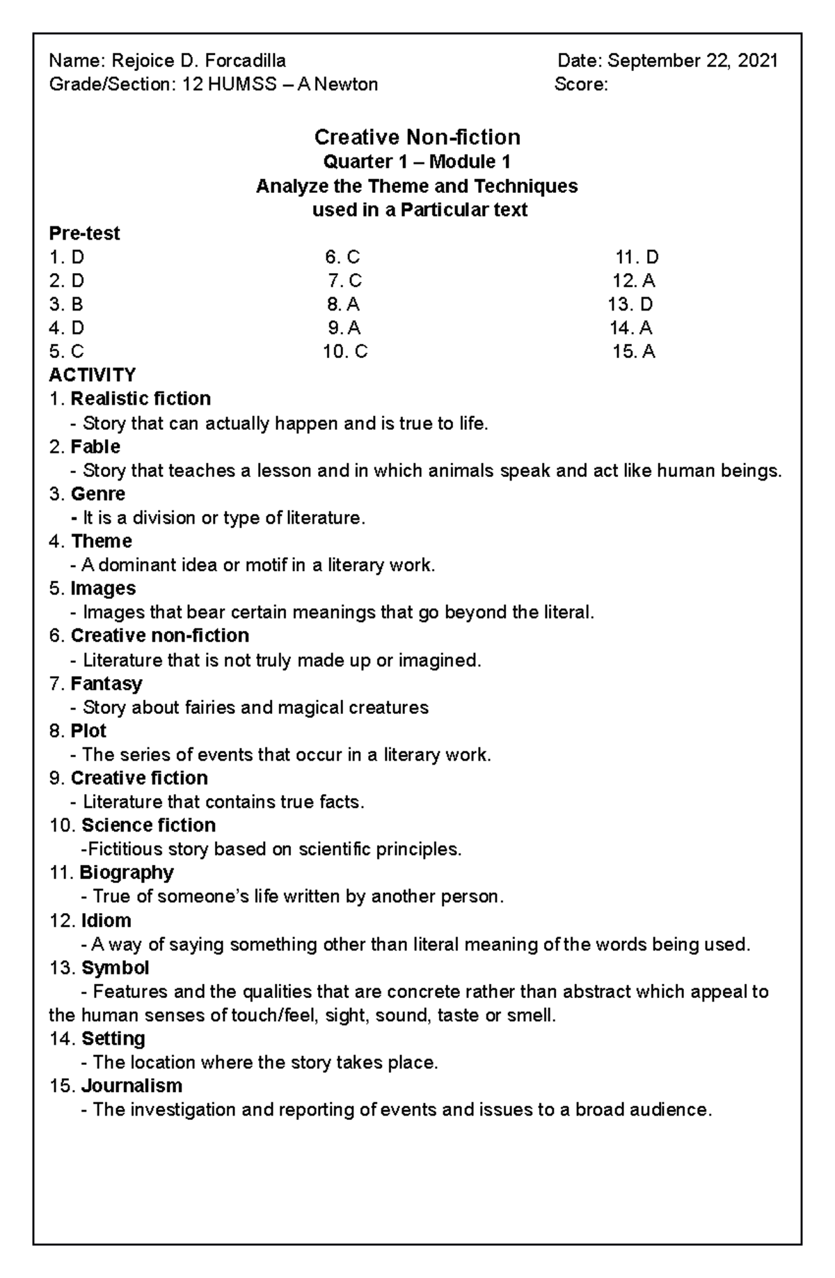 12 Creative Non-fiction Q1-M1 - Name: Rejoice D. Forcadilla Date ...