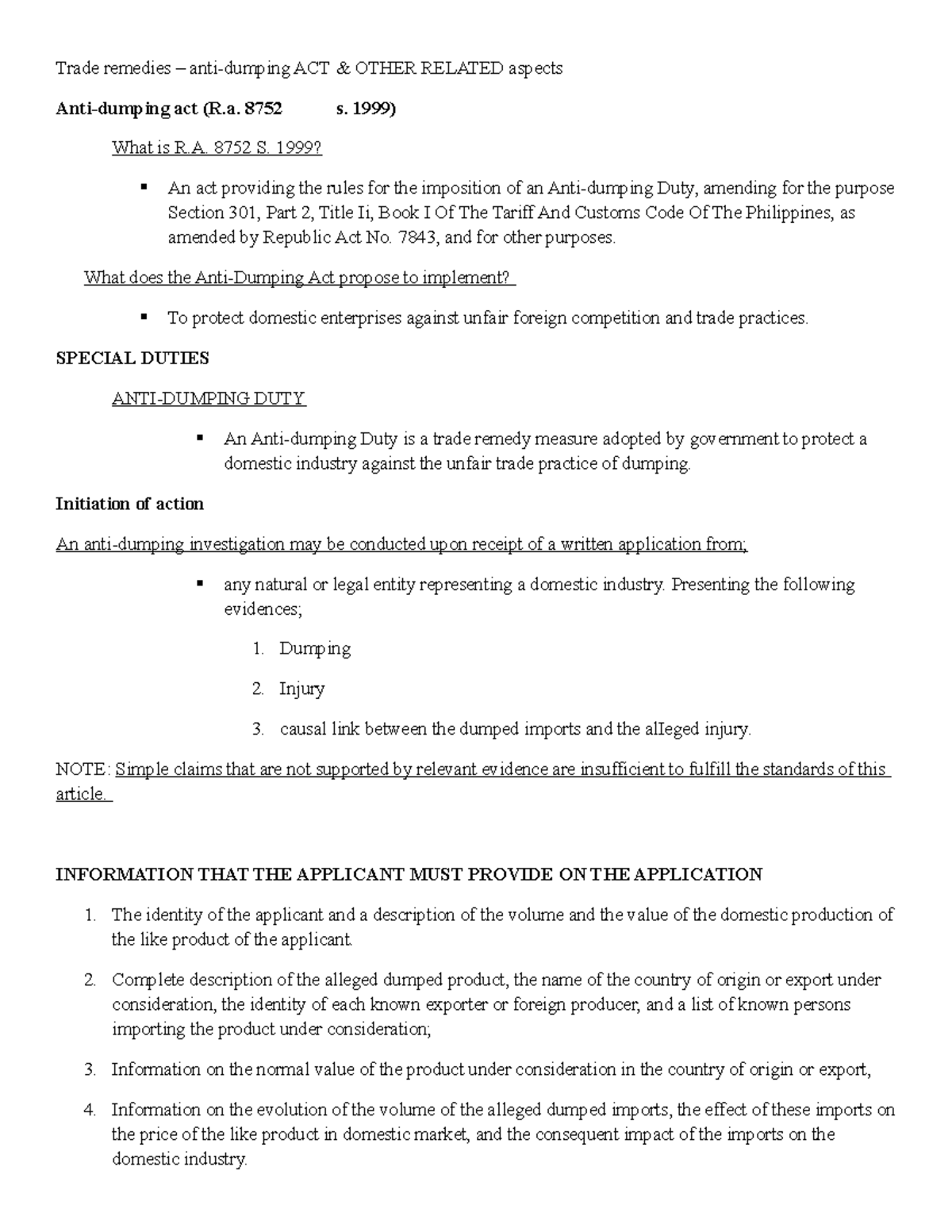Review for cuslaws - Trade remedies – anti-dumping ACT & OTHER RELATED ...