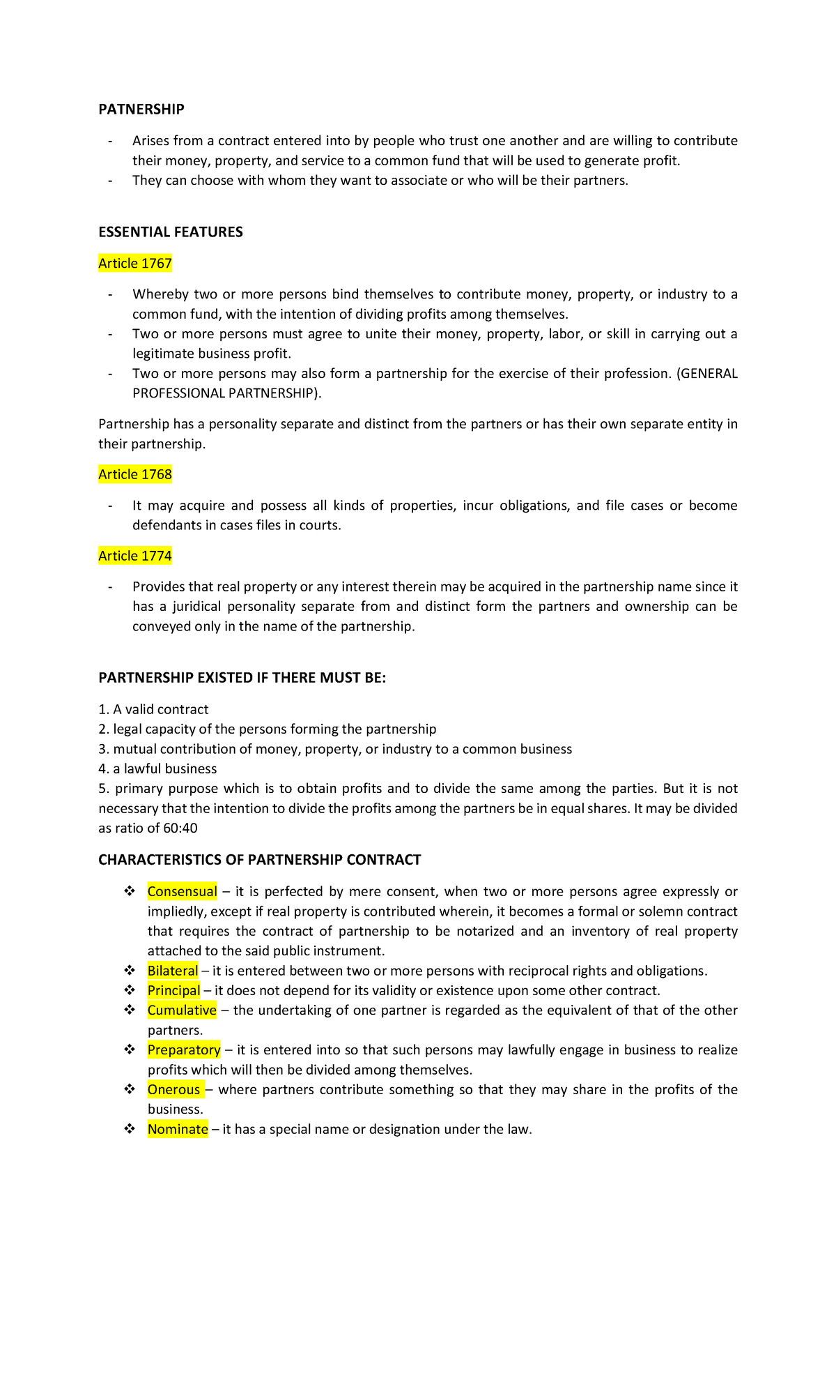 BUSLAW Notes business law and regulations PATNERSHIP Arises
