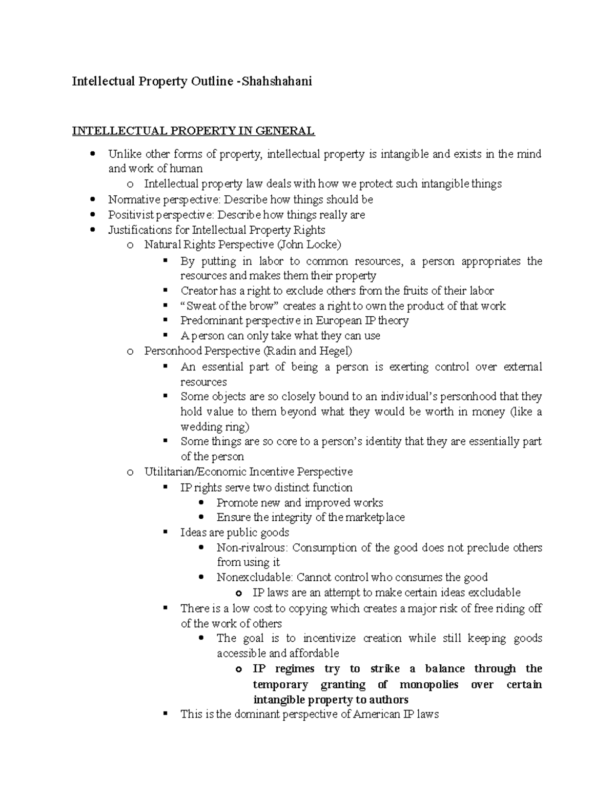Intellectual Property Outline- Shashahani- Details class notes and case ...