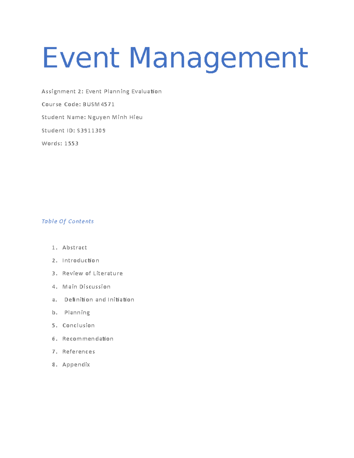 event management course assignments