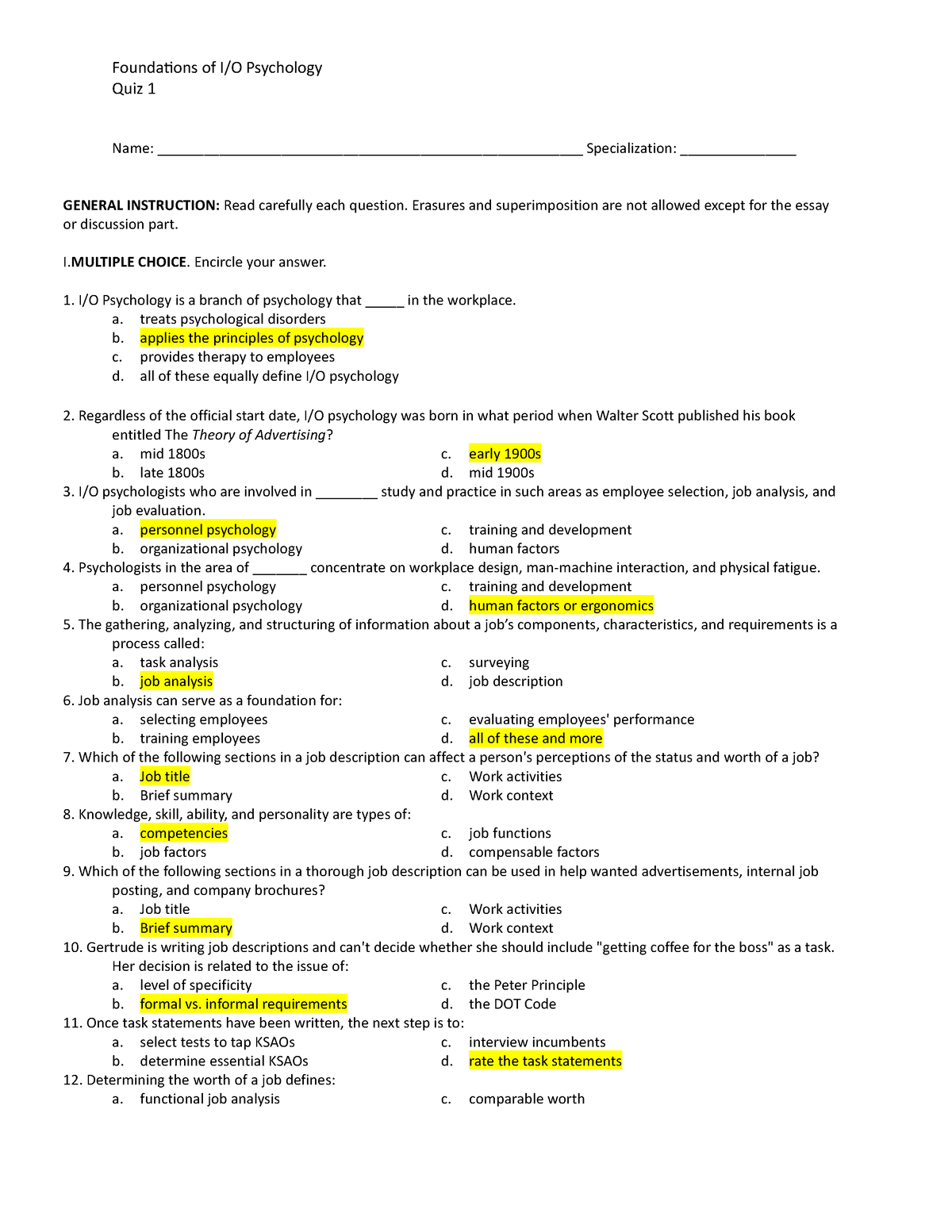 Drills 1 I O Psychology - helpful - Quiz 1 Name: - Studocu