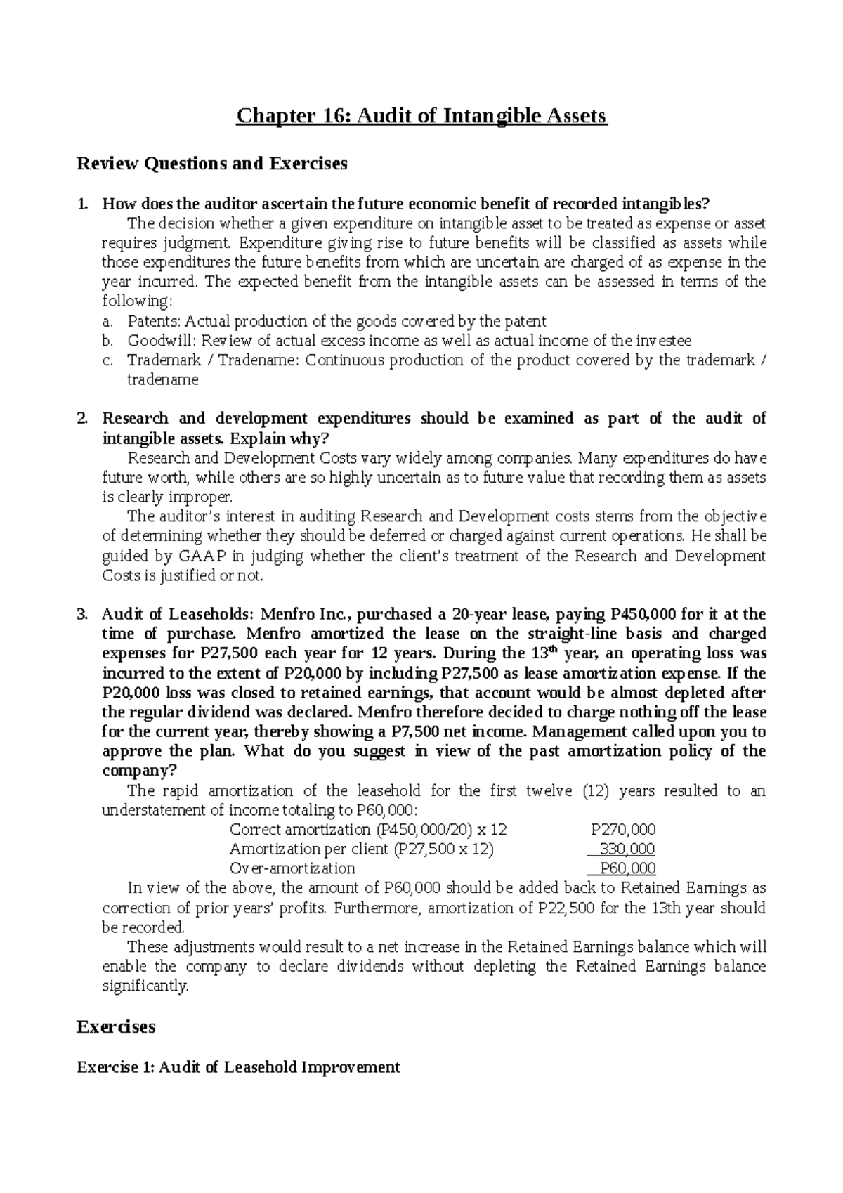 Chapter 16 - exercises - Chapter 16: Audit of Intangible Assets Review ...