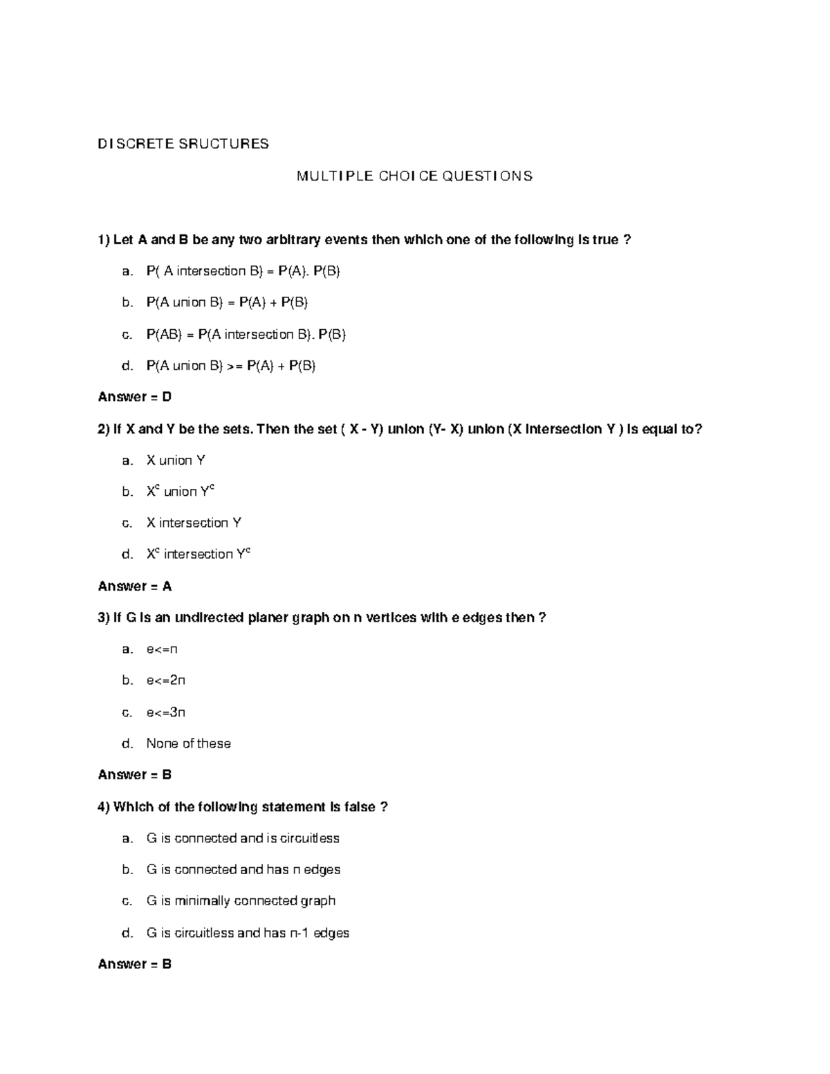 Sss Question Set Discrete Sructures Multiple Choice Questions Let A And B Be Any Two Arbitrary