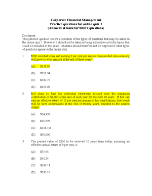 Practice Questions For Online Quiz 1 - Corporate Financial Management ...