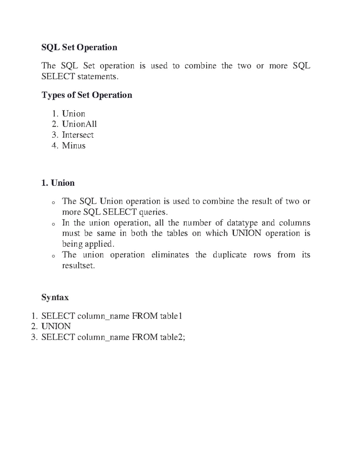 Uni-2 SQL - dbms unit 2 notes - SQL Set Operation The SQL Set operation ...