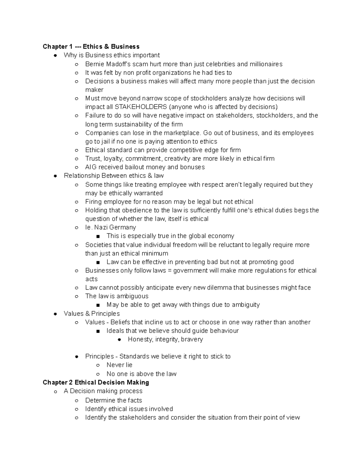 Bus223 exam note - Lecture notes 7-10 - Chapter 1 - Ethics & Business ...