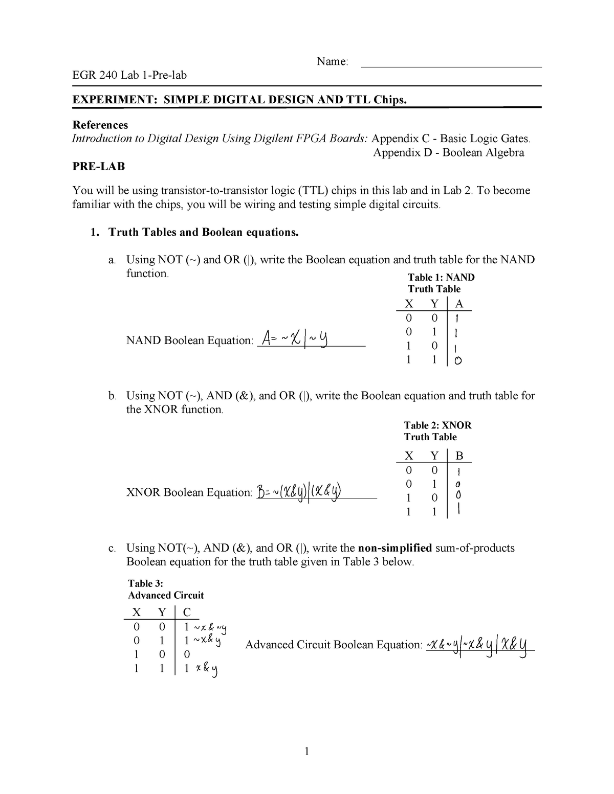 EGR240Lab1 prelab - Name: EGR 240 Lab EXPERIMENT: SIMPLE DIGITAL DESIGN ...